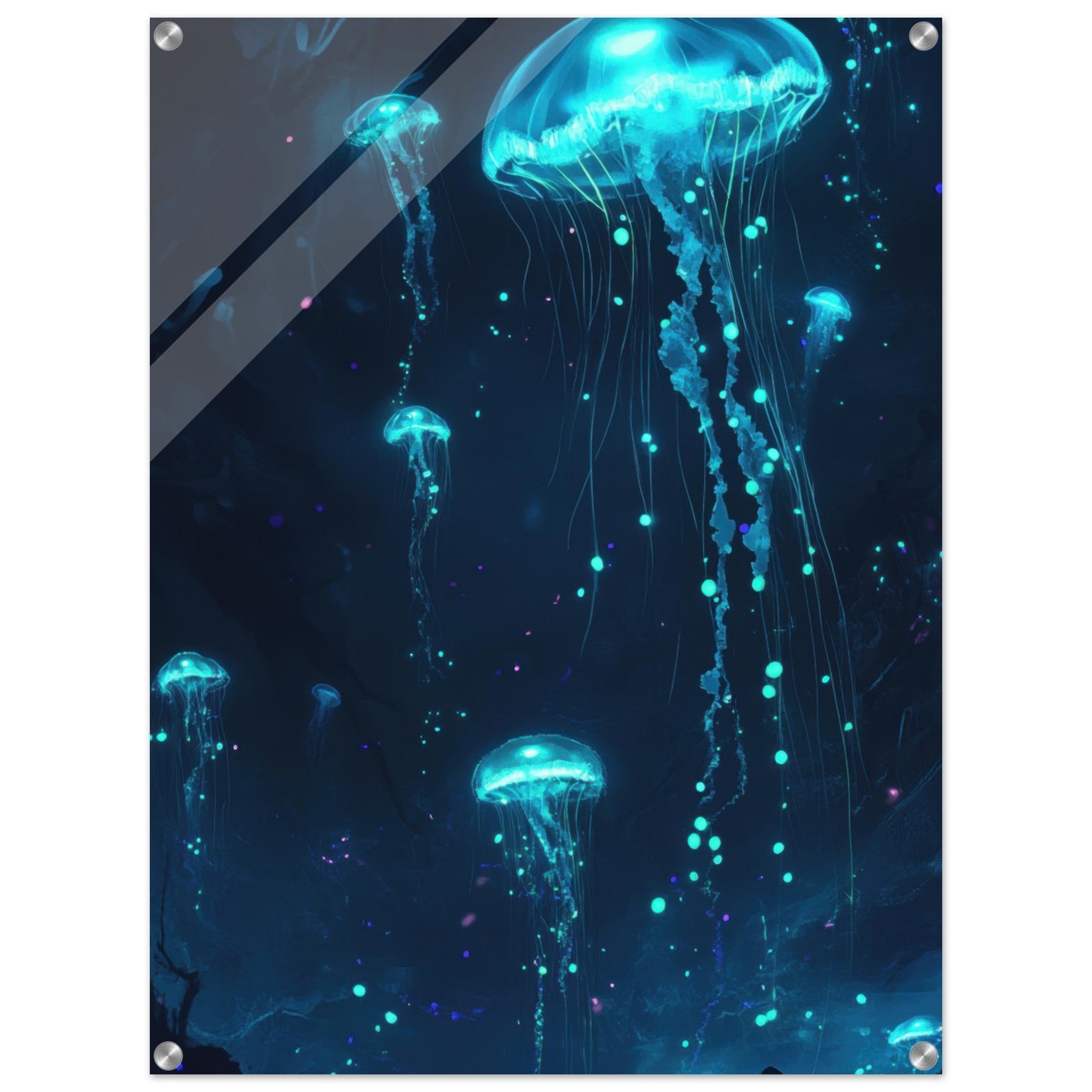 Acrylic Print Portrait - Glowing Bioluminescent Jellyfish in the Deep Tea - Ai Art Force