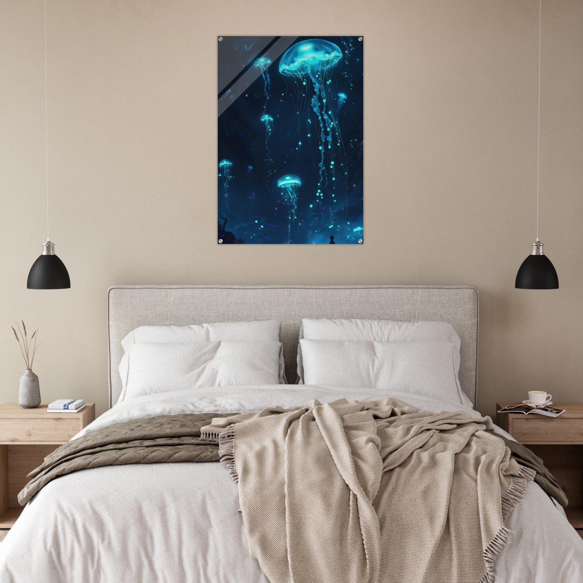 Acrylic Print Portrait - Glowing Bioluminescent Jellyfish in the Deep Tea - Ai Art Force