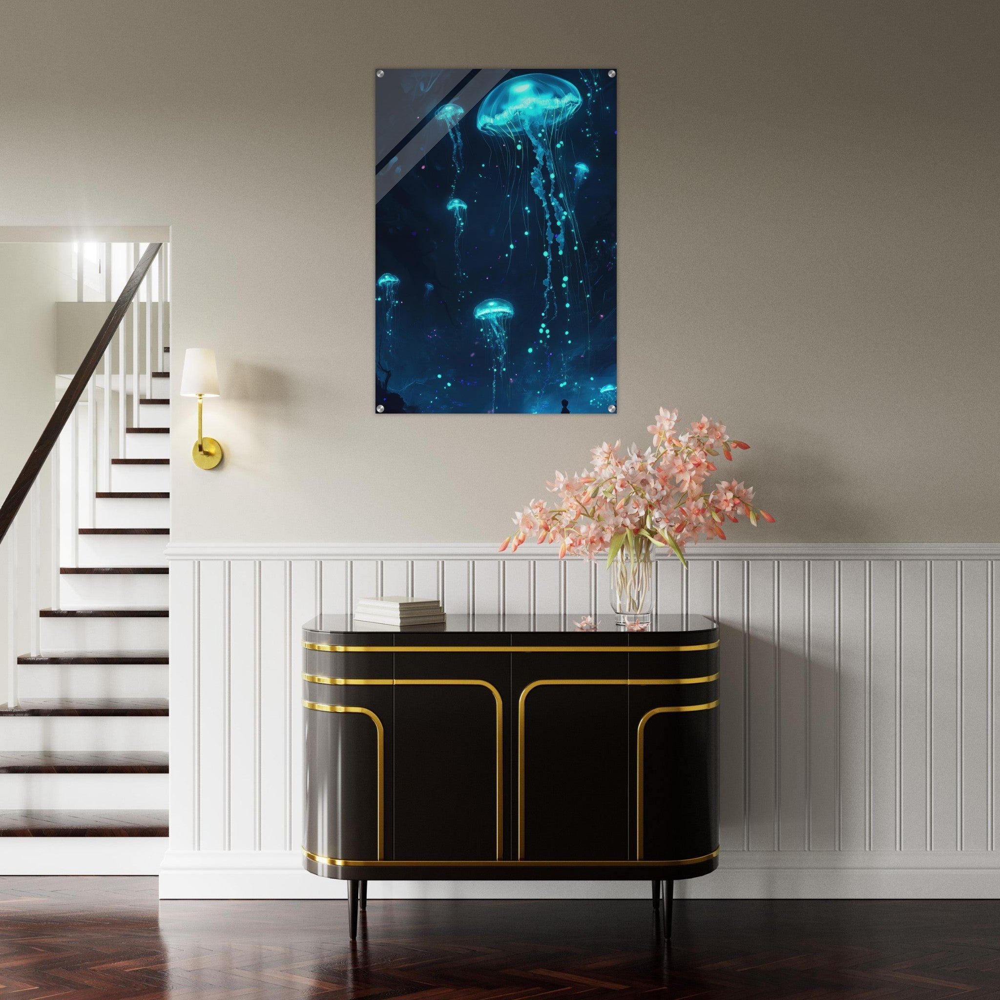 Acrylic Print Portrait - Glowing Bioluminescent Jellyfish in the Deep Tea - Ai Art Force