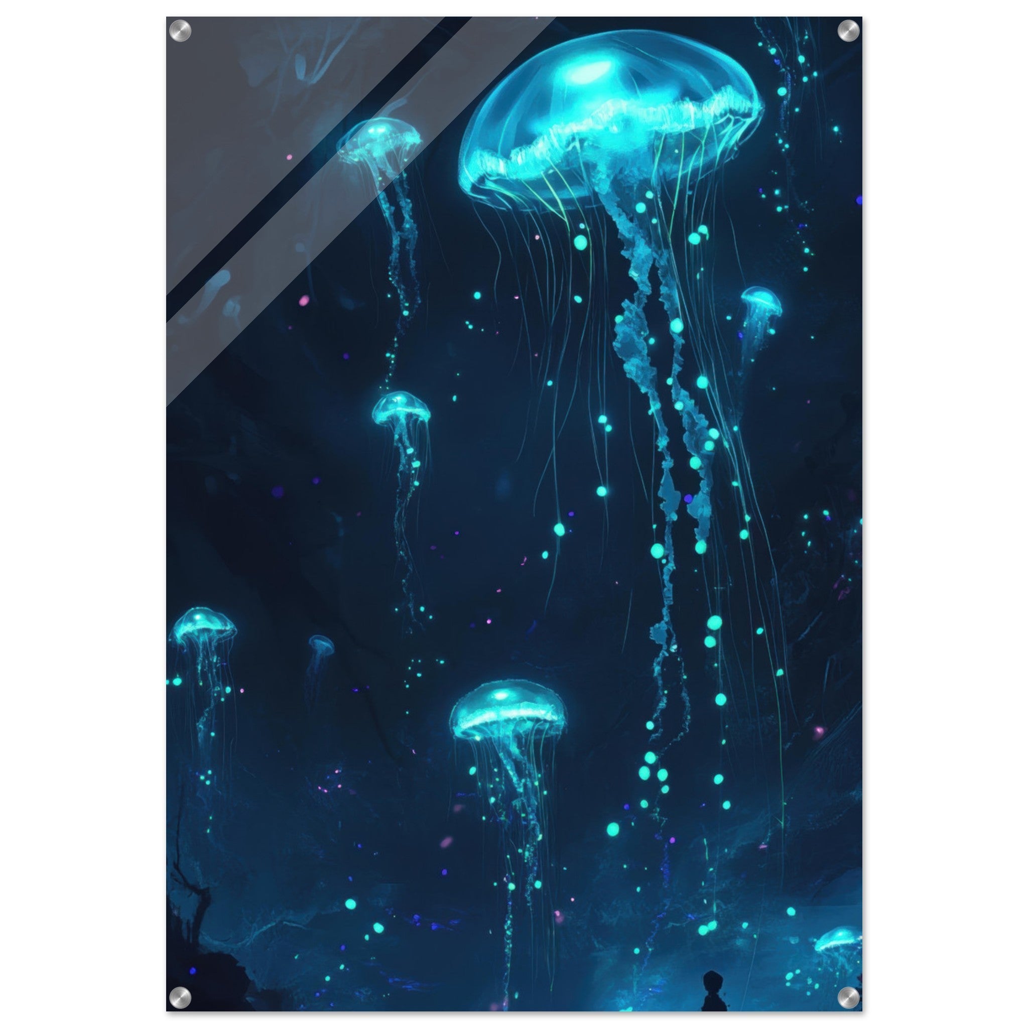 Acrylic Print Portrait - Glowing Bioluminescent Jellyfish in the Deep Tea - Ai Art Force