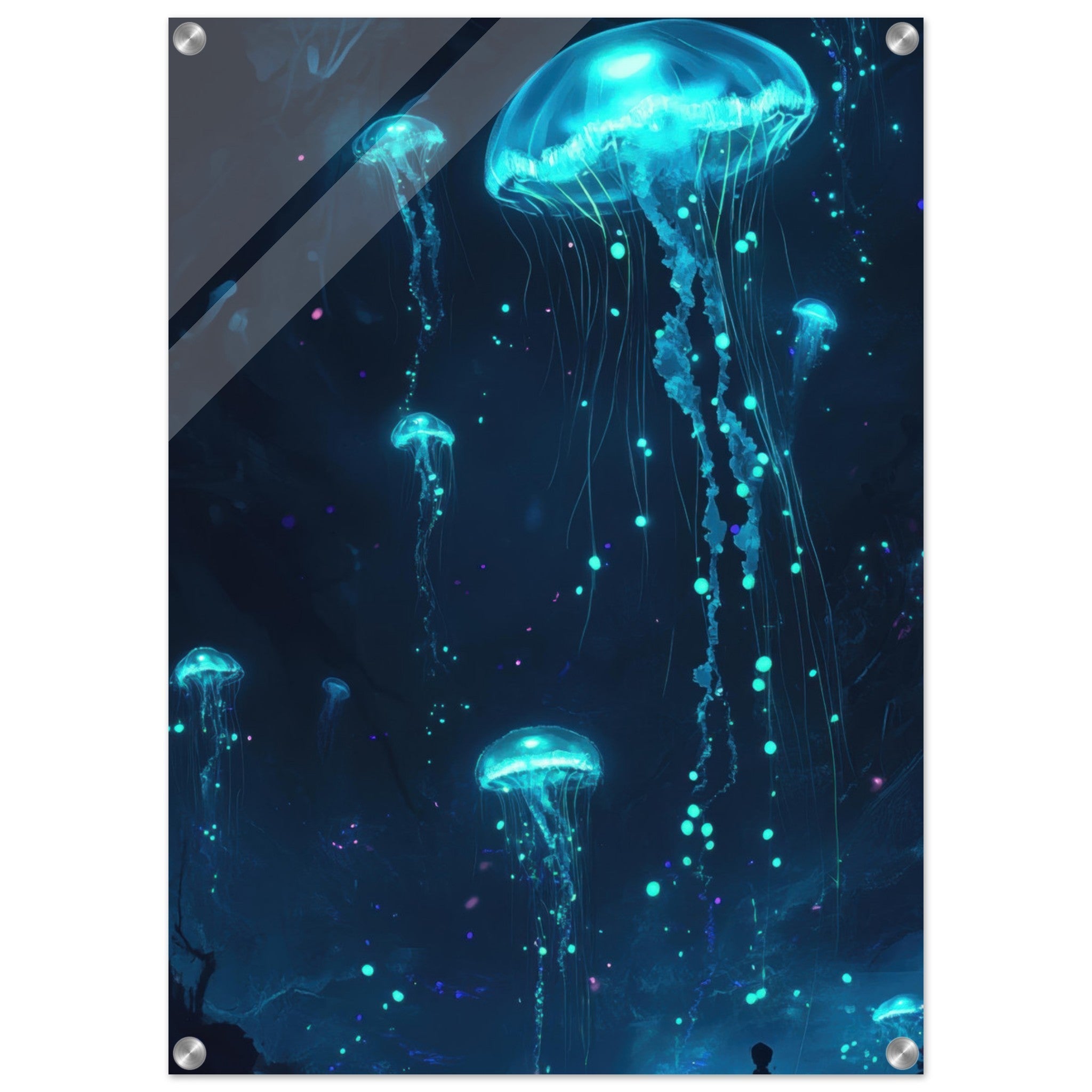Acrylic Print Portrait - Glowing Bioluminescent Jellyfish in the Deep Tea - Ai Art Force