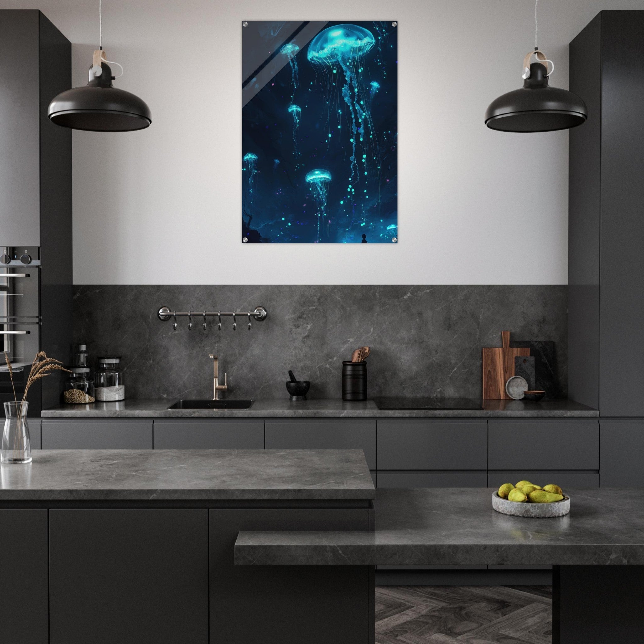 Acrylic Print Portrait - Glowing Bioluminescent Jellyfish in the Deep Tea - Ai Art Force