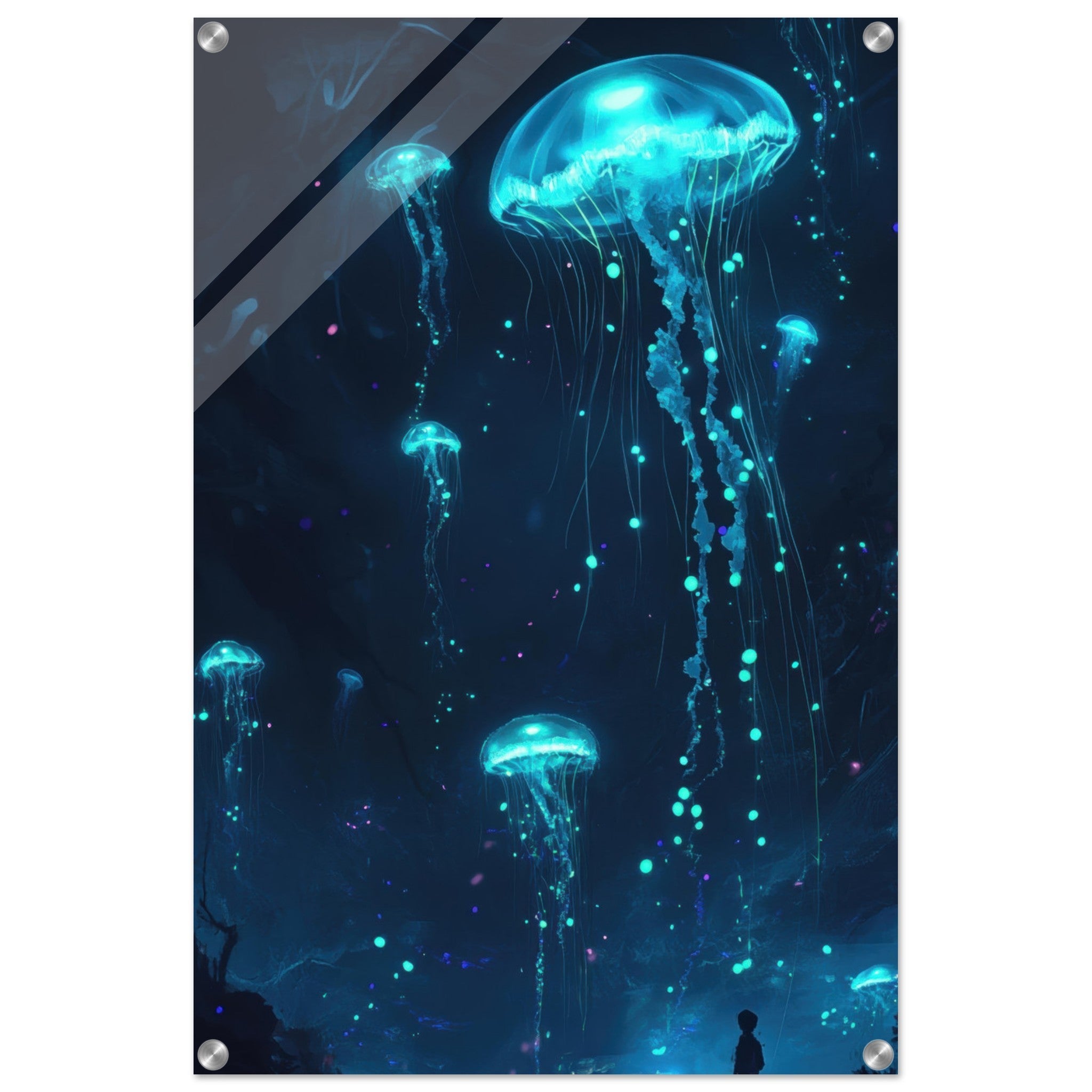Acrylic Print Portrait - Glowing Bioluminescent Jellyfish in the Deep Tea - Ai Art Force