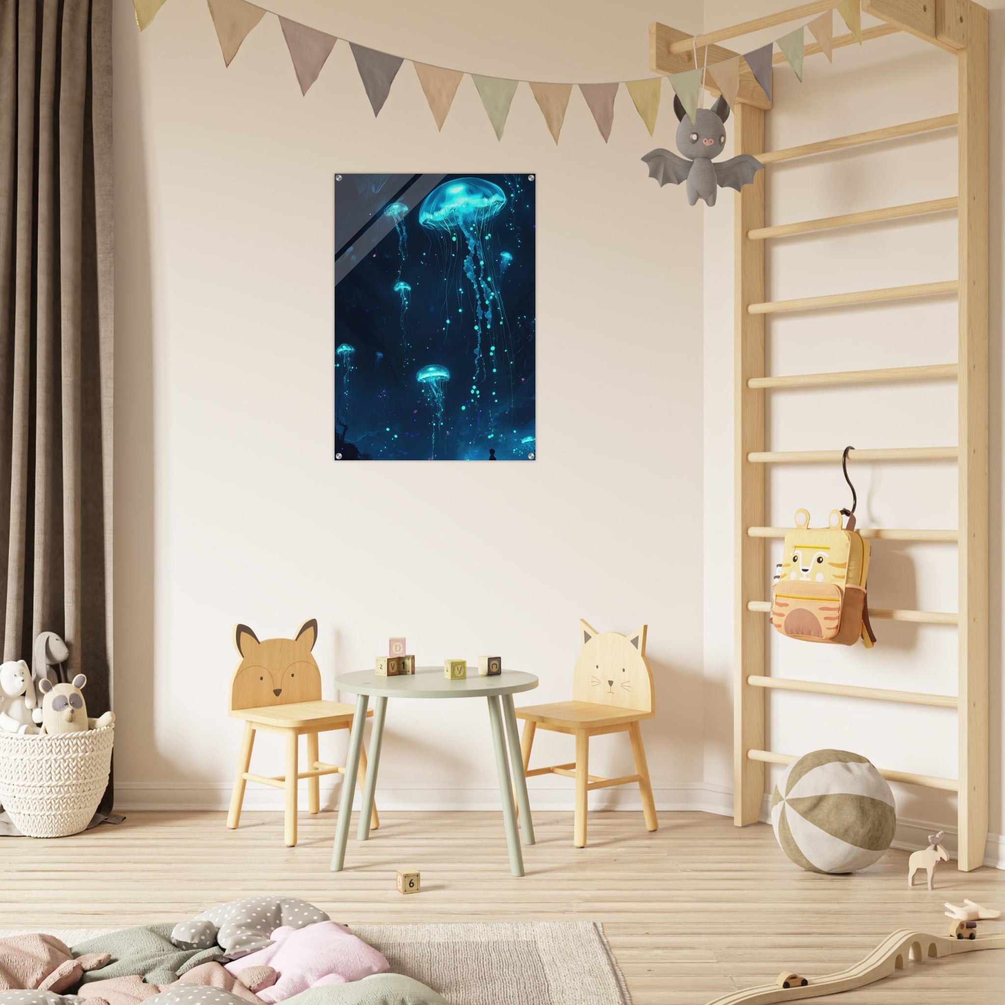 Acrylic Print Portrait - Glowing Bioluminescent Jellyfish in the Deep Tea - Ai Art Force