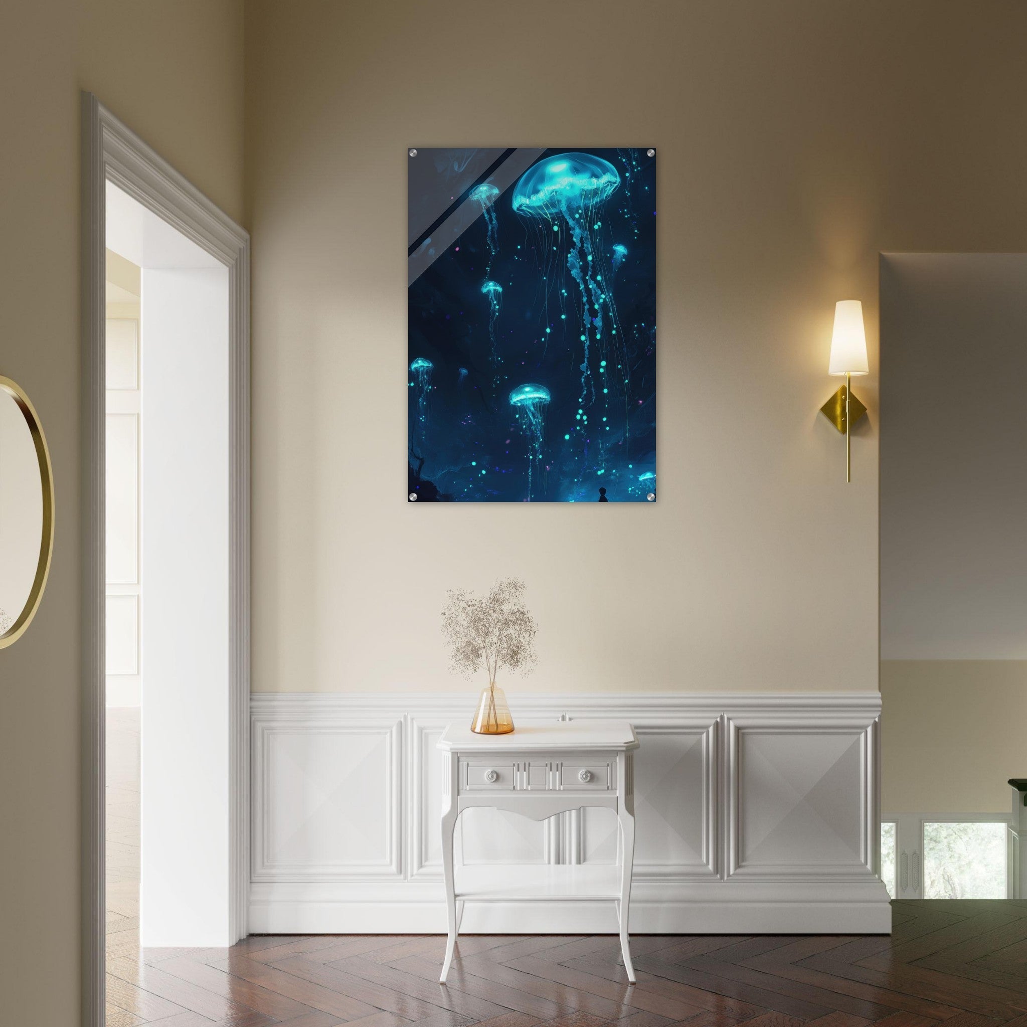Acrylic Print Portrait - Glowing Bioluminescent Jellyfish in the Deep Tea - Ai Art Force