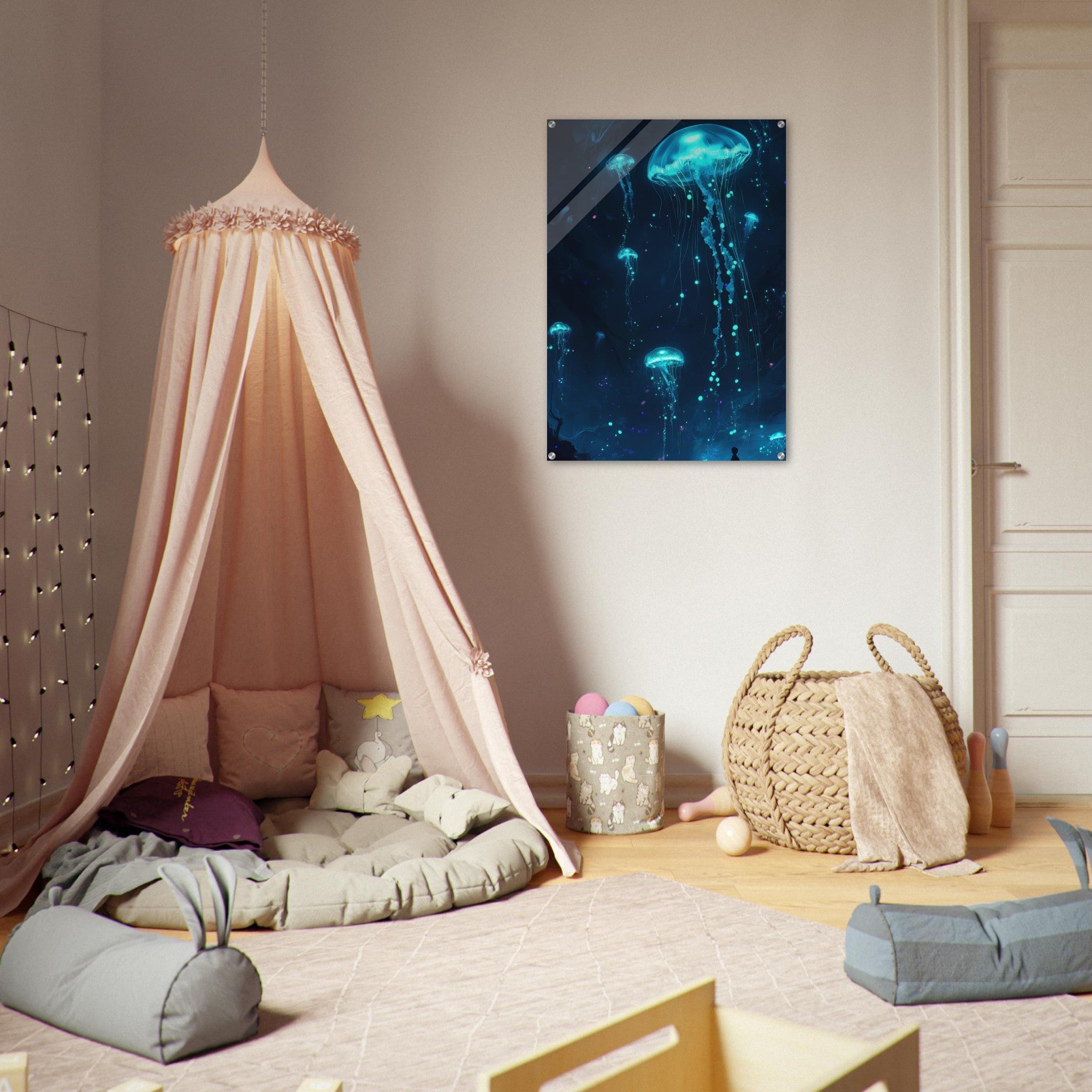 Acrylic Print Portrait - Glowing Bioluminescent Jellyfish in the Deep Tea - Ai Art Force