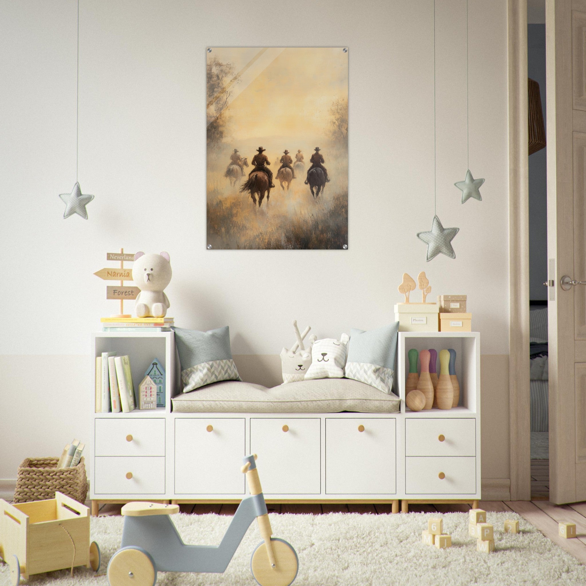 Acrylic Print Portrait - Horse Riders in the Morning Mist A group of else - Ai Art Force