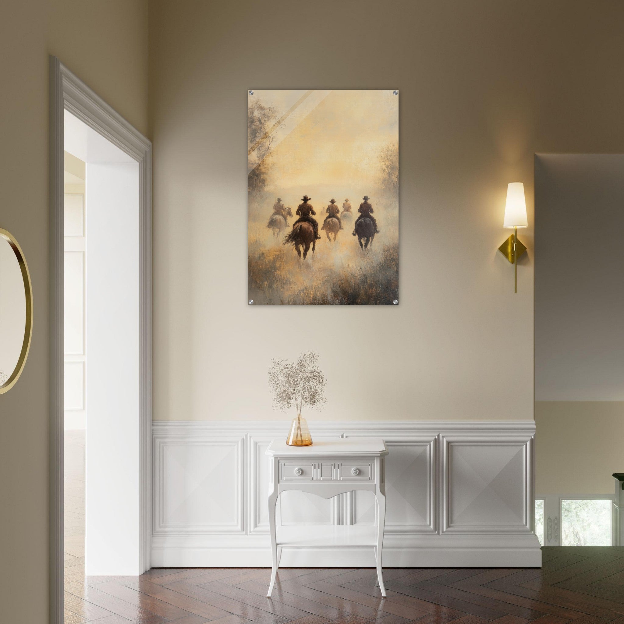 Acrylic Print Portrait - Horse Riders in the Morning Mist A group of else - Ai Art Force