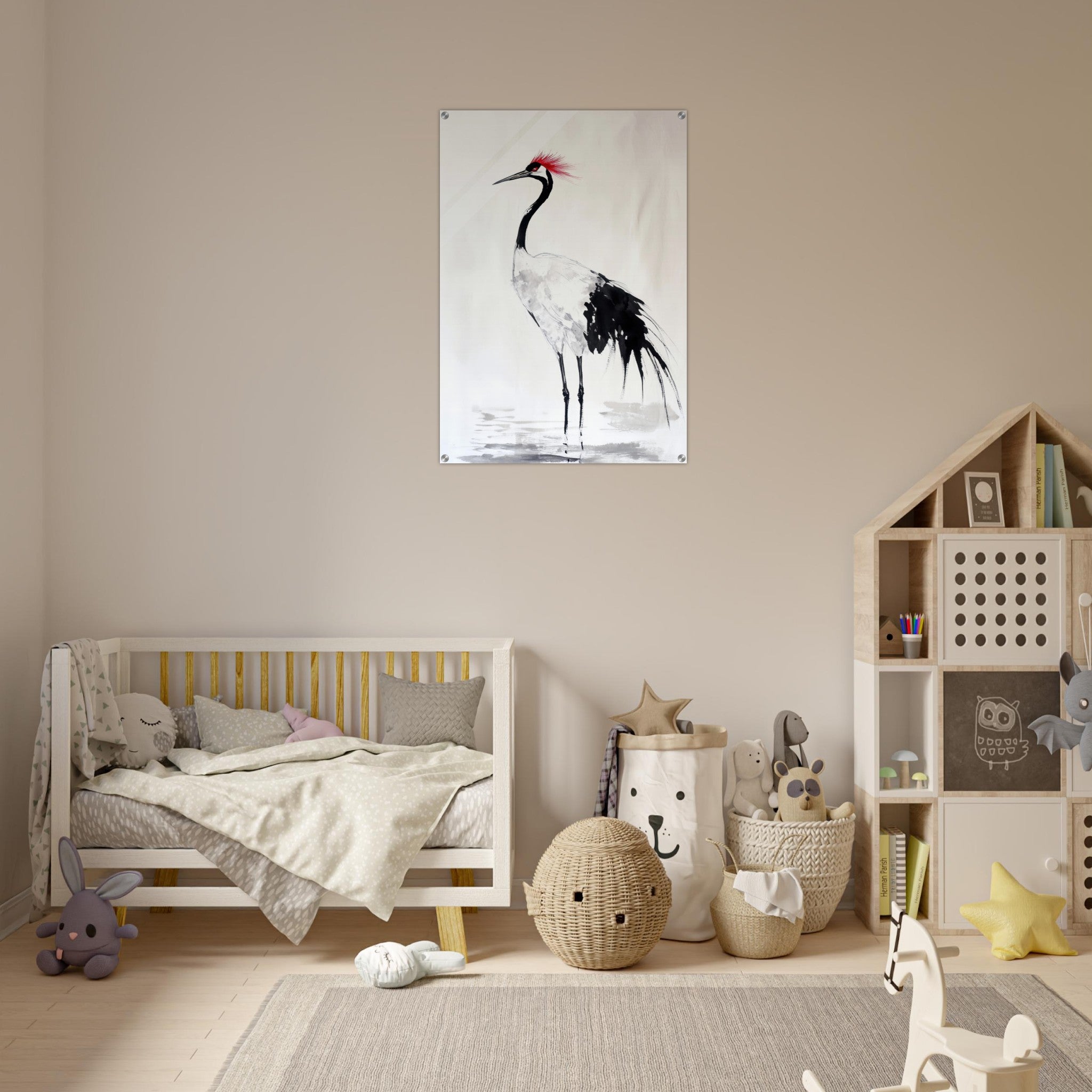 Acrylic Print Portrait - Japanese Ink Wash Painting of a Crane A graceful - Shop Ai Art WebShop - Digital Art online Store