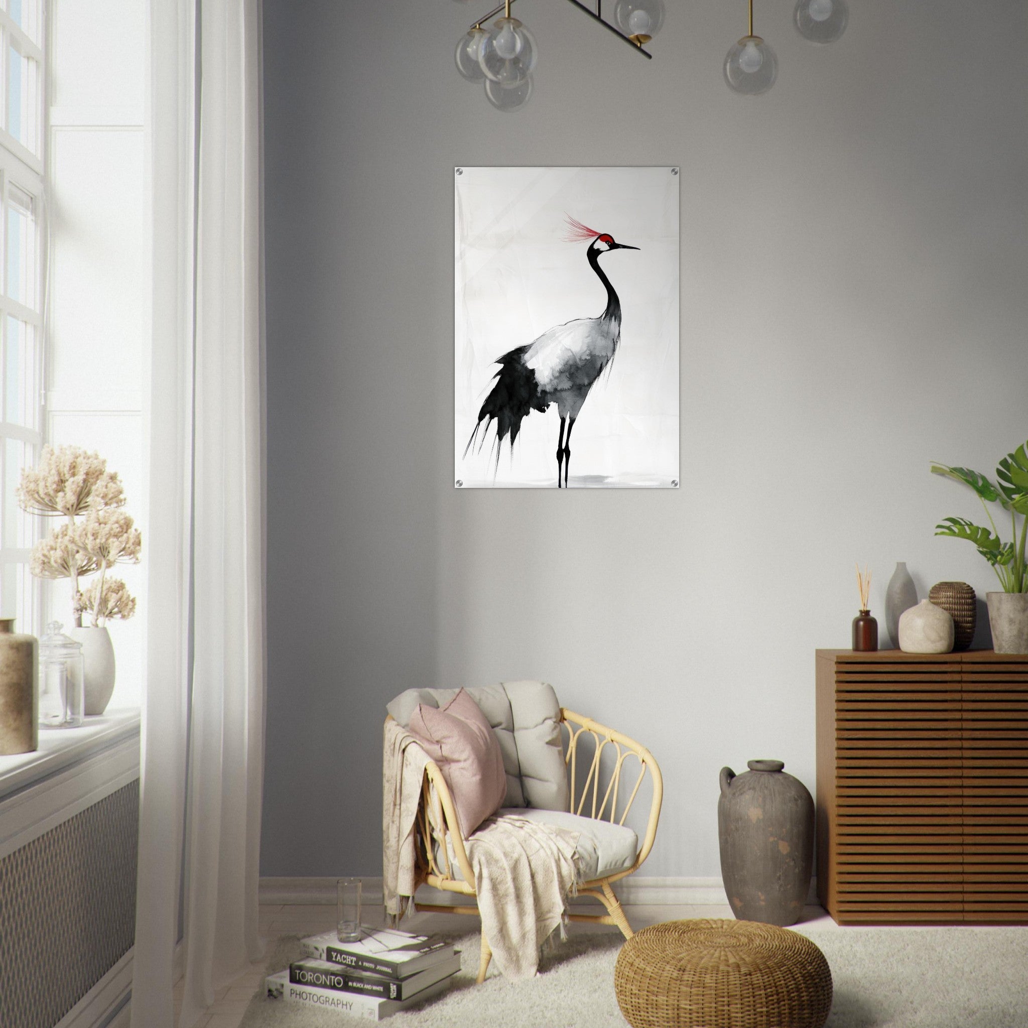 Acrylic Print Portrait - Japanese Ink Wash Painting of a Crane A graceful 2 - Shop Ai Art WebShop - Digital Art online Store