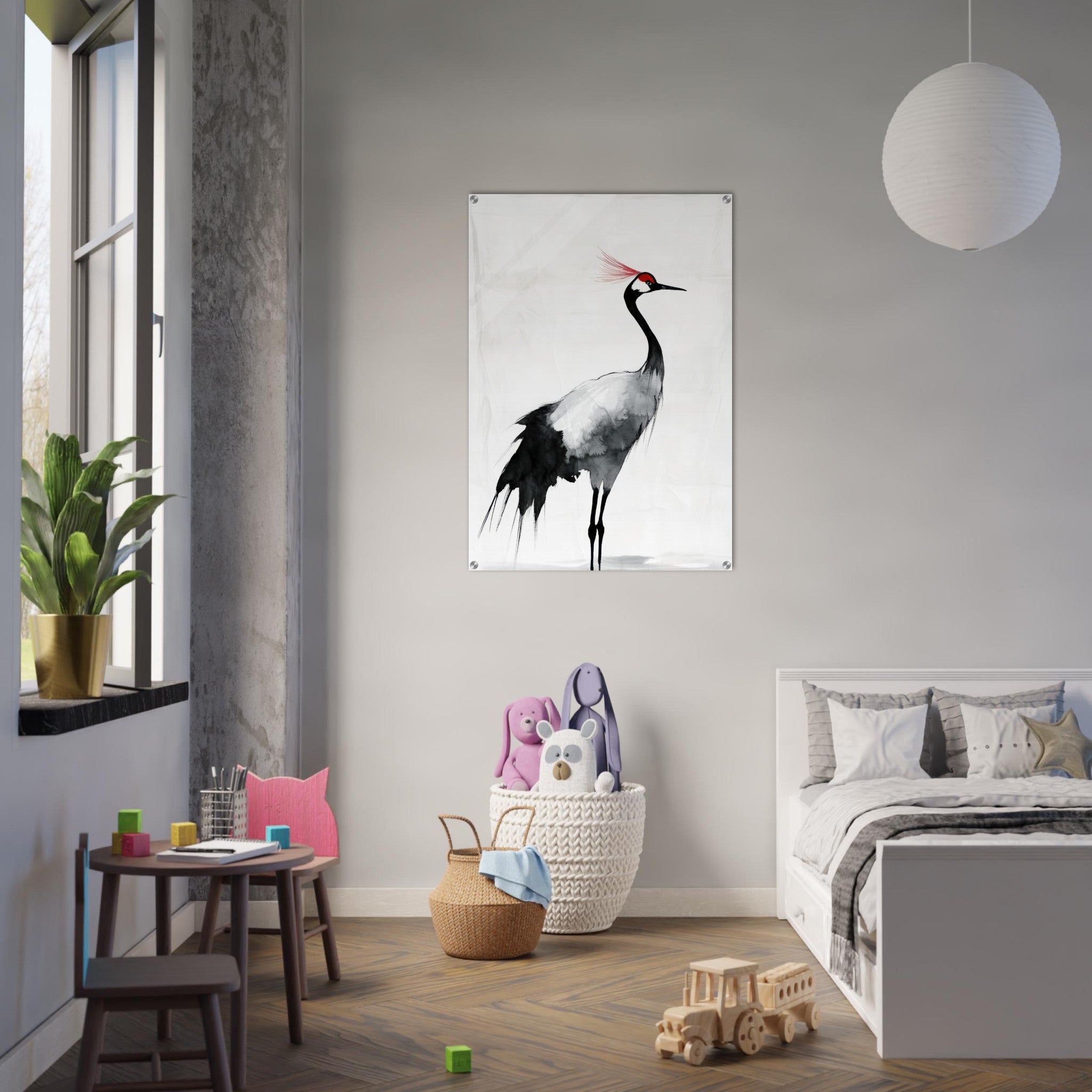 Acrylic Print Portrait - Japanese Ink Wash Painting of a Crane A graceful 2 - Shop Ai Art WebShop - Digital Art online Store