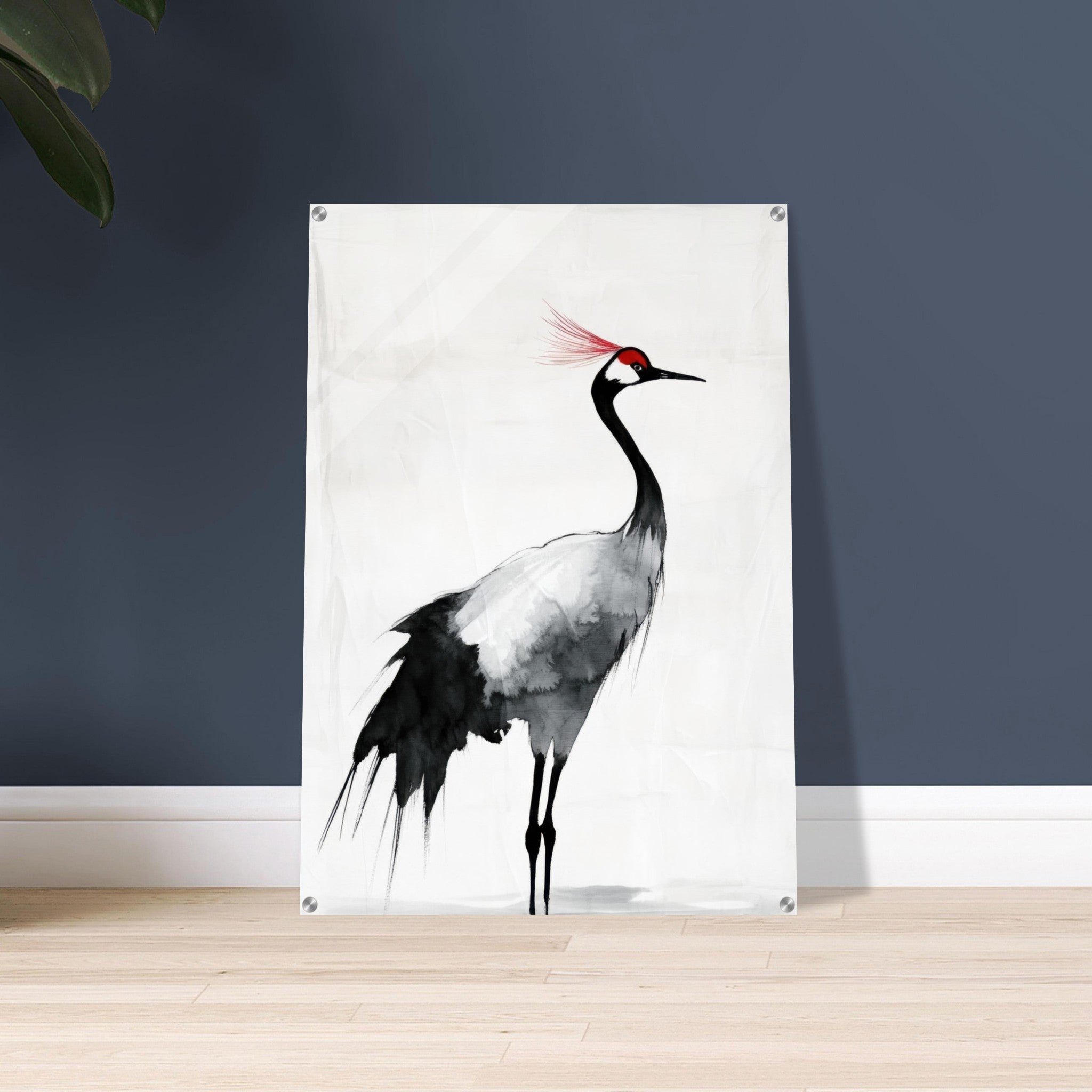 Acrylic Print Portrait - Japanese Ink Wash Painting of a Crane A graceful 2 - Shop Ai Art WebShop - Digital Art online Store
