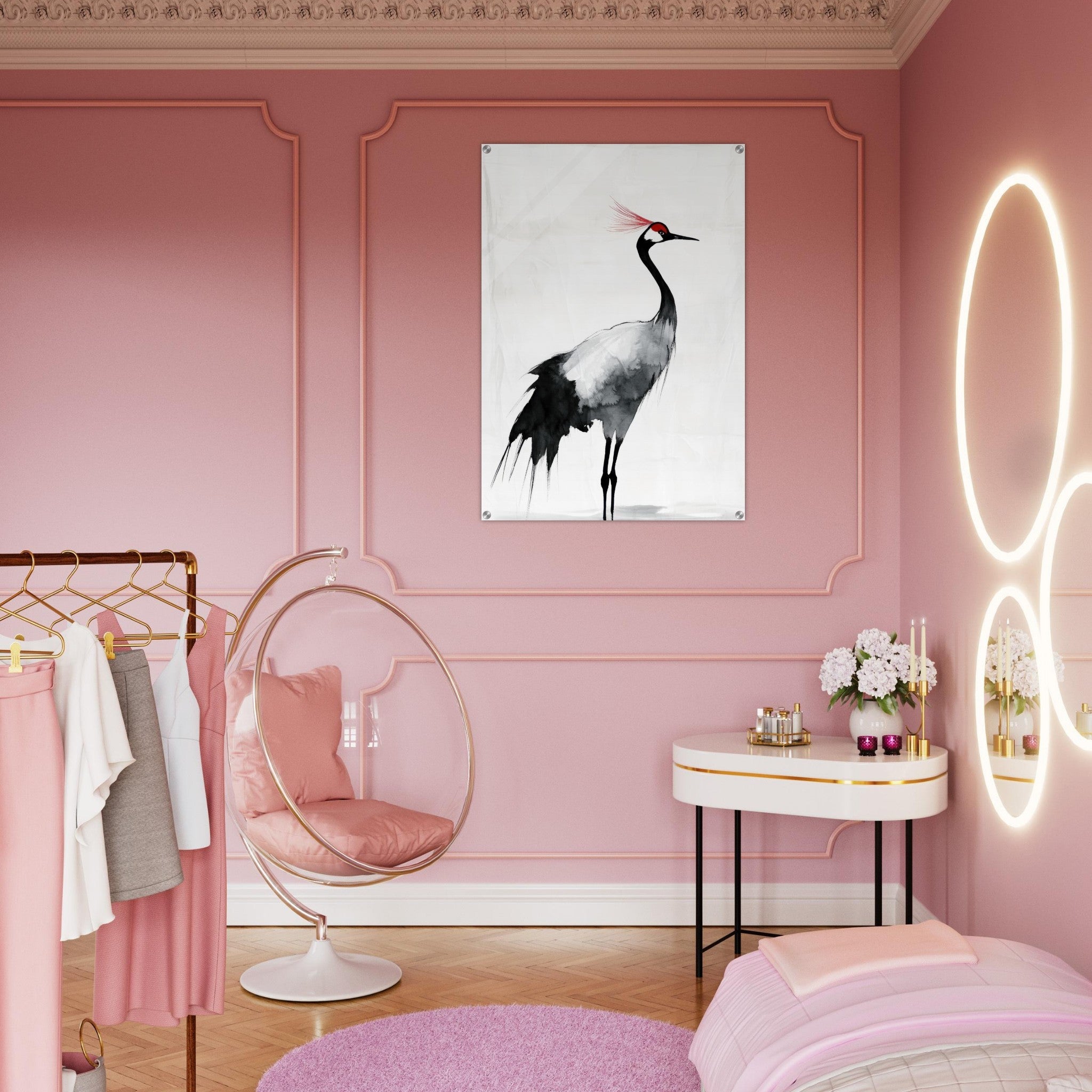 Acrylic Print Portrait - Japanese Ink Wash Painting of a Crane A graceful 2 - Shop Ai Art WebShop - Digital Art online Store