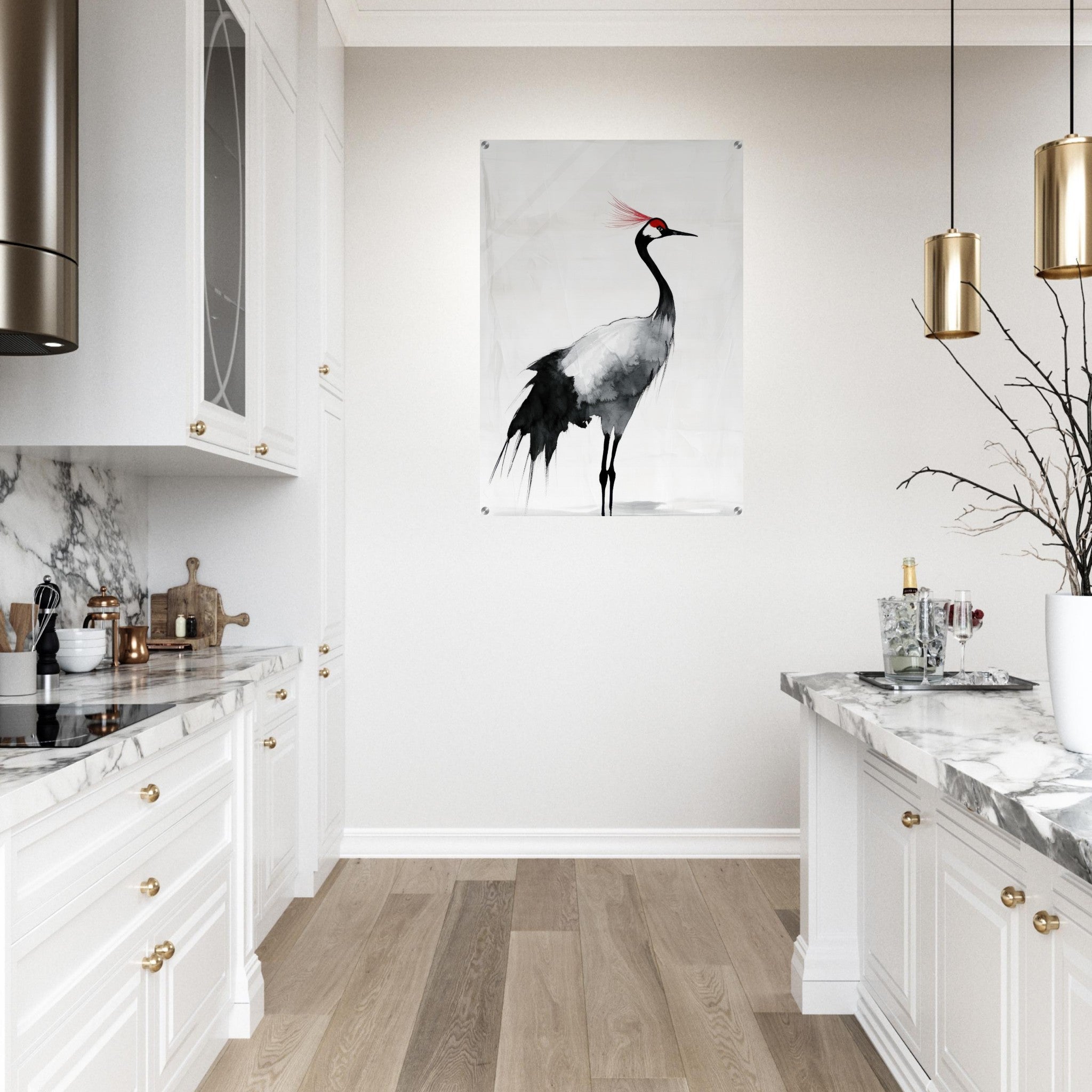 Acrylic Print Portrait - Japanese Ink Wash Painting of a Crane A graceful 2 - Shop Ai Art WebShop - Digital Art online Store