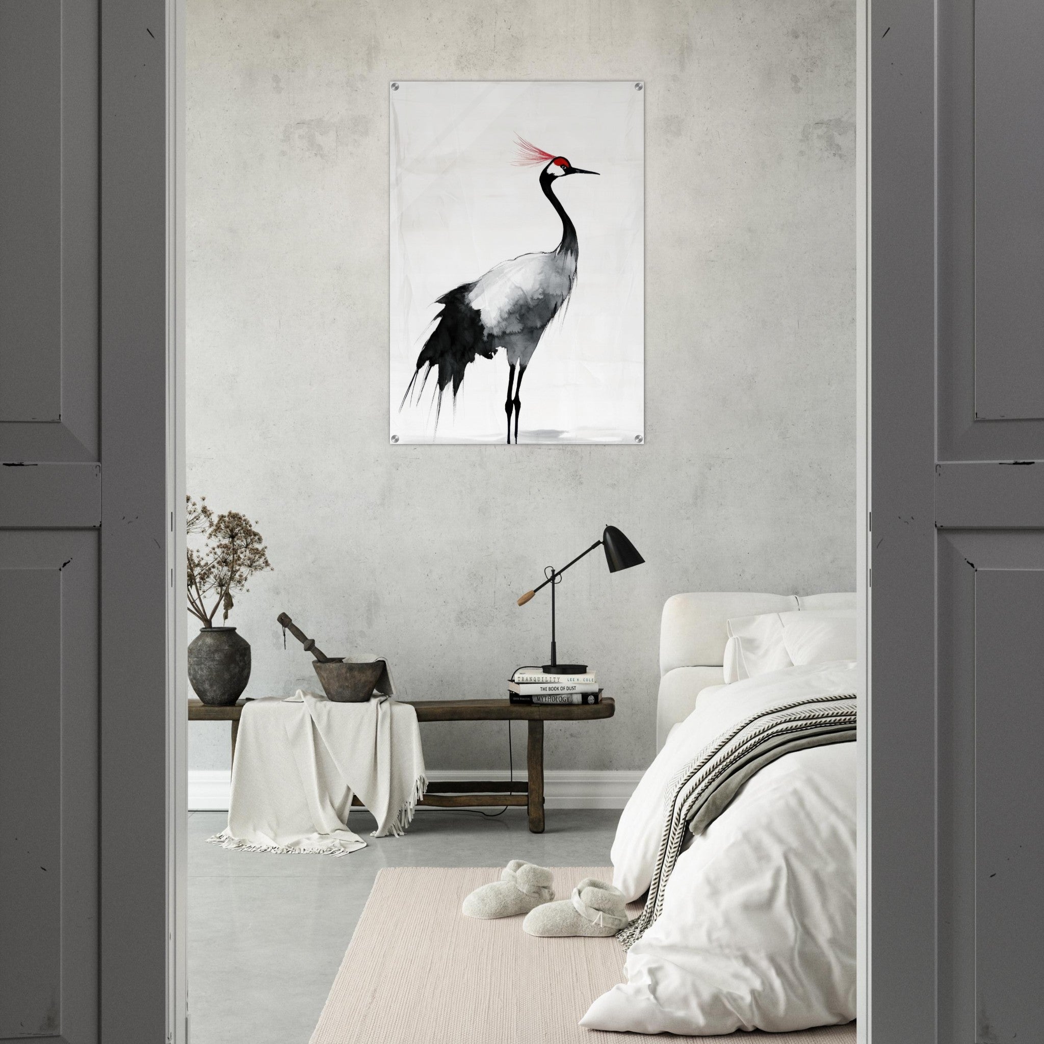 Acrylic Print Portrait - Japanese Ink Wash Painting of a Crane A graceful 2 - Shop Ai Art WebShop - Digital Art online Store