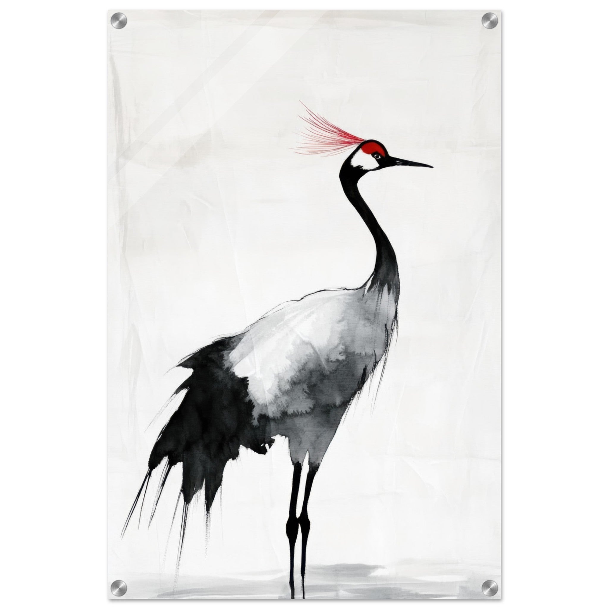 Acrylic Print Portrait - Japanese Ink Wash Painting of a Crane A graceful 2 - Shop Ai Art WebShop - Digital Art online Store