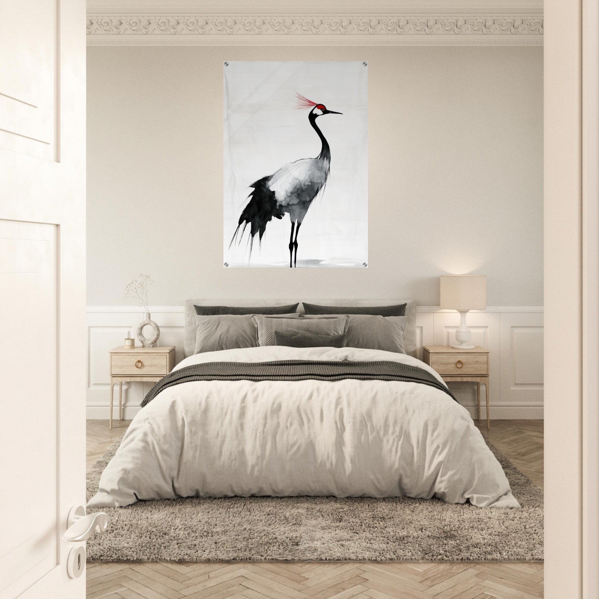 Acrylic Print Portrait - Japanese Ink Wash Painting of a Crane A graceful 2 - Shop Ai Art WebShop - Digital Art online Store