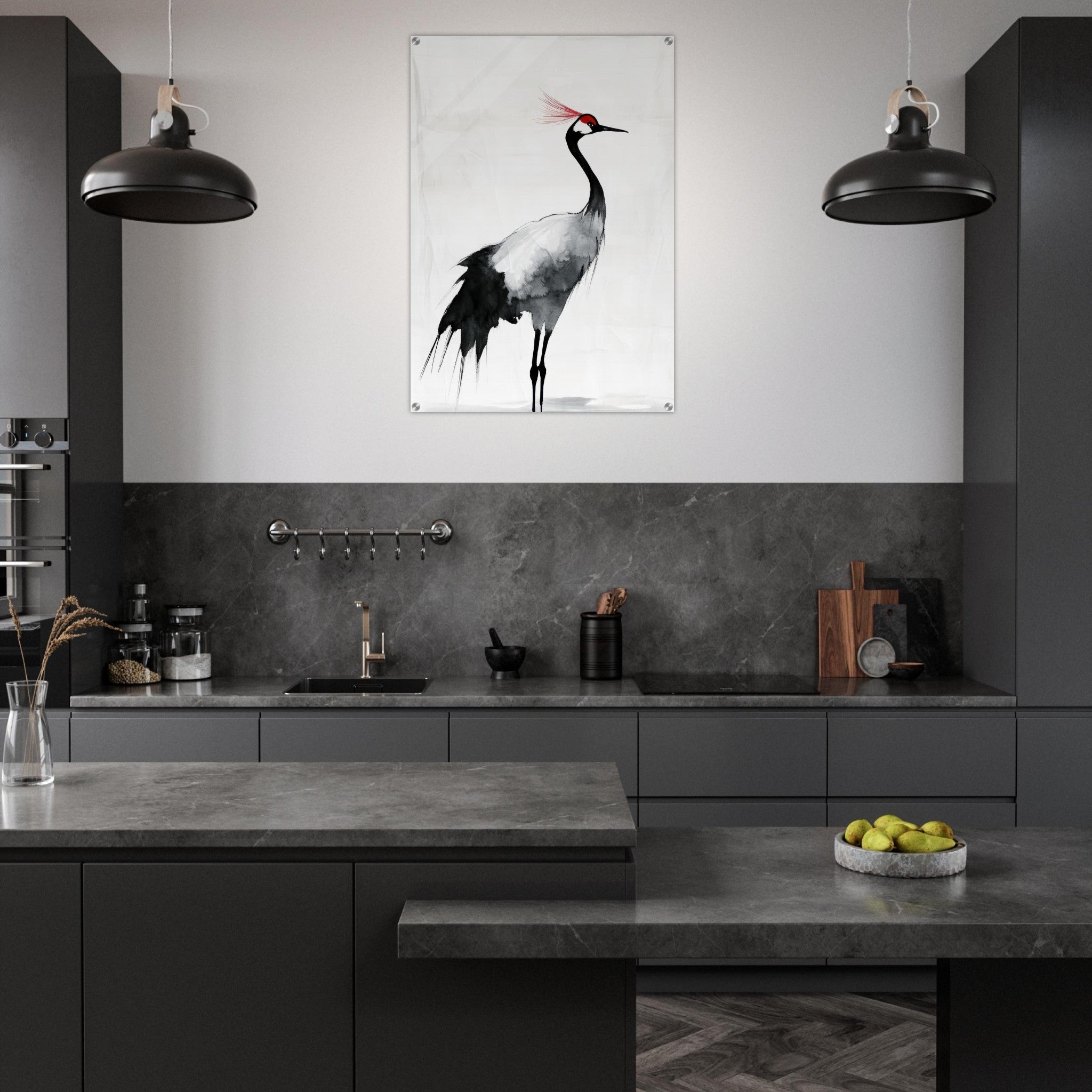 Acrylic Print Portrait - Japanese Ink Wash Painting of a Crane A graceful 2 - Shop Ai Art WebShop - Digital Art online Store