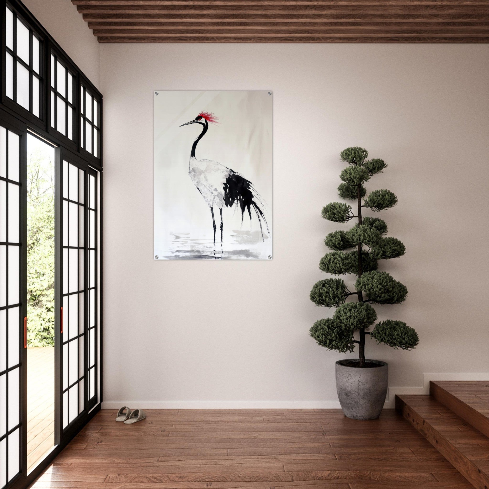Acrylic Print Portrait - Japanese Ink Wash Painting of a Crane A graceful - Shop Ai Art WebShop - Digital Art online Store