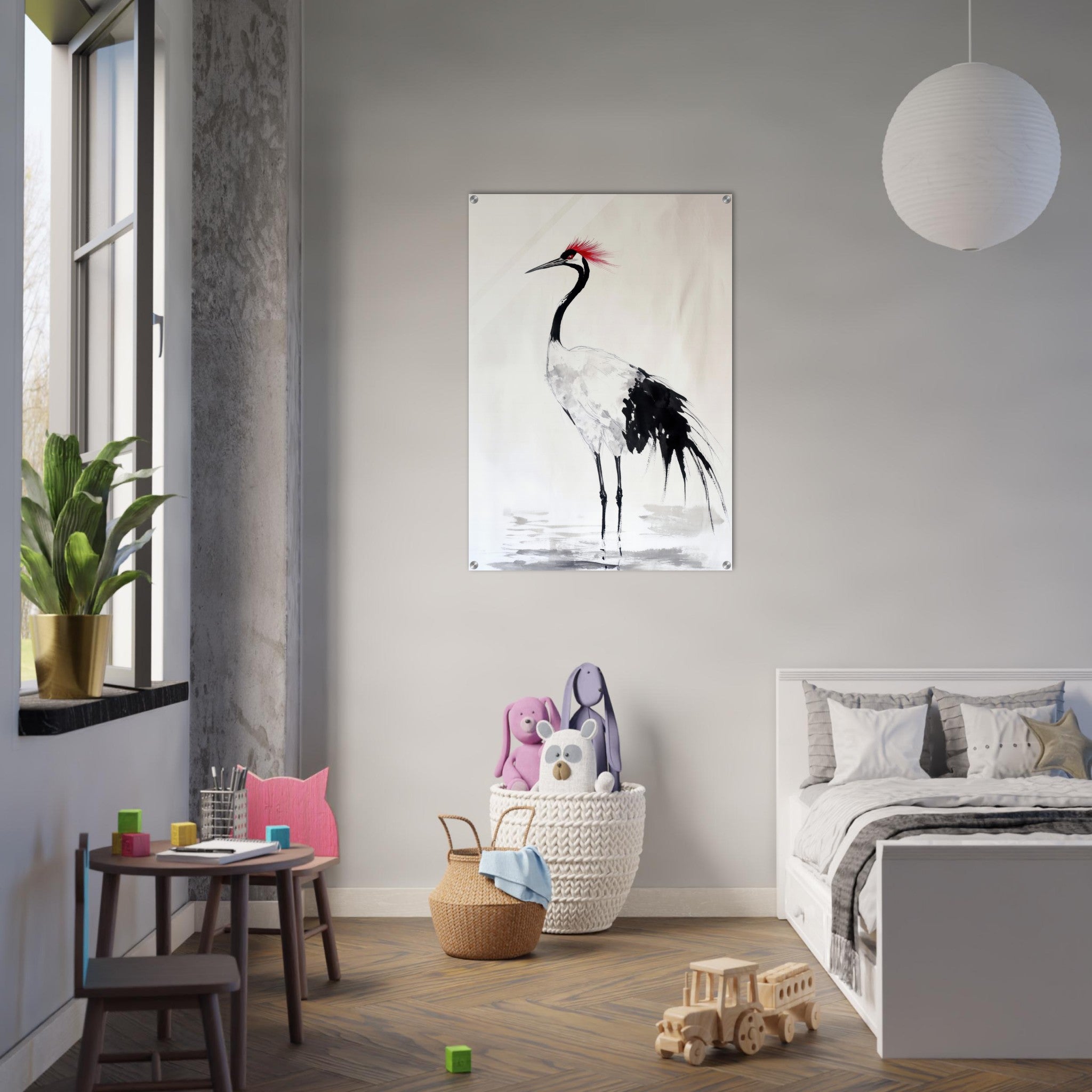 Acrylic Print Portrait - Japanese Ink Wash Painting of a Crane A graceful - Shop Ai Art WebShop - Digital Art online Store