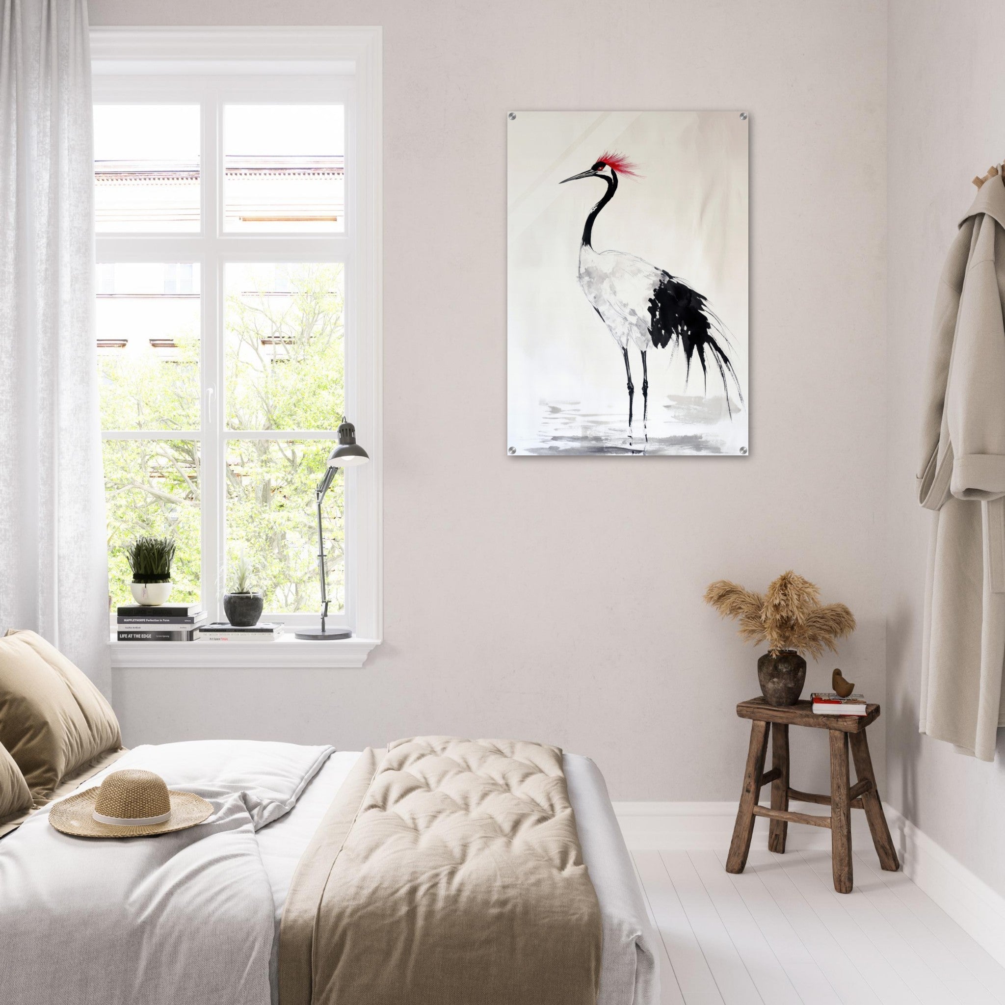 Acrylic Print Portrait - Japanese Ink Wash Painting of a Crane A graceful - Shop Ai Art WebShop - Digital Art online Store