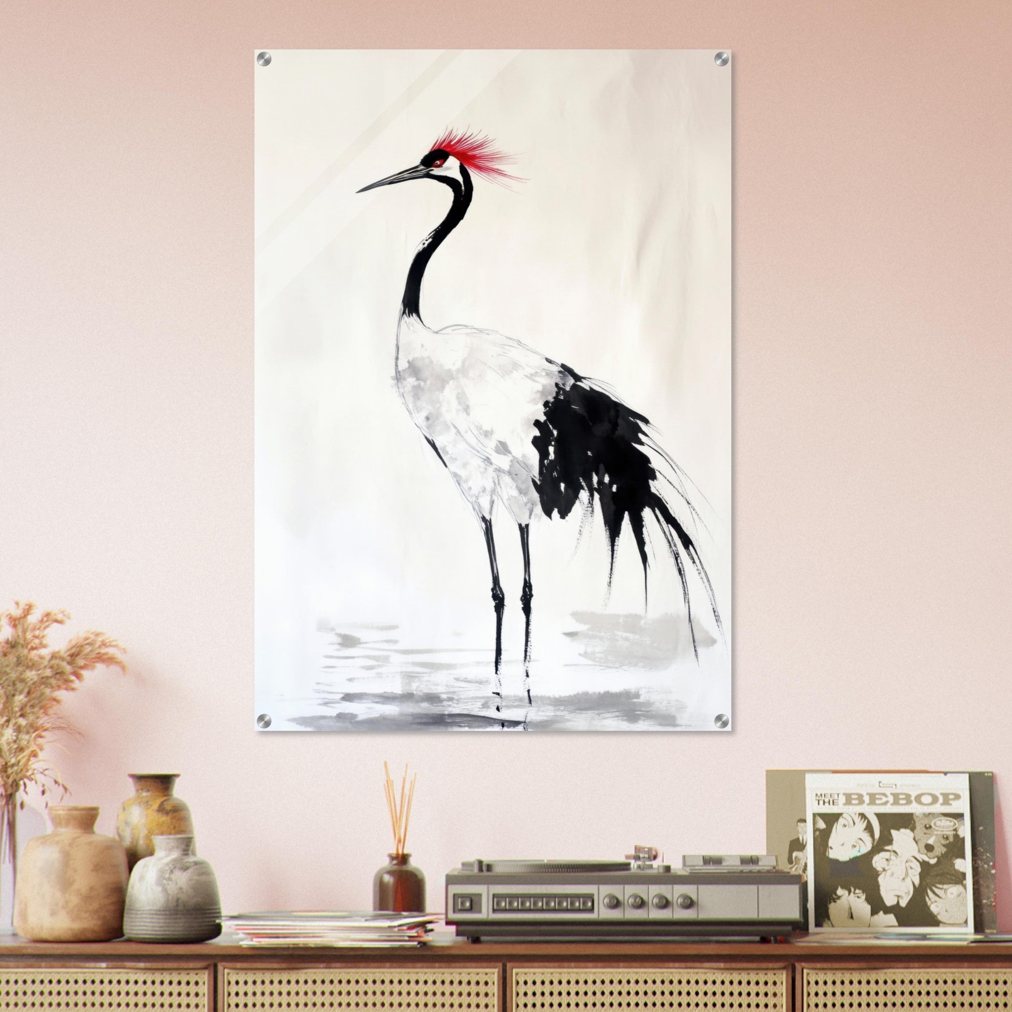 Acrylic Print Portrait - Japanese Ink Wash Painting of a Crane A graceful - Shop Ai Art WebShop - Digital Art online Store