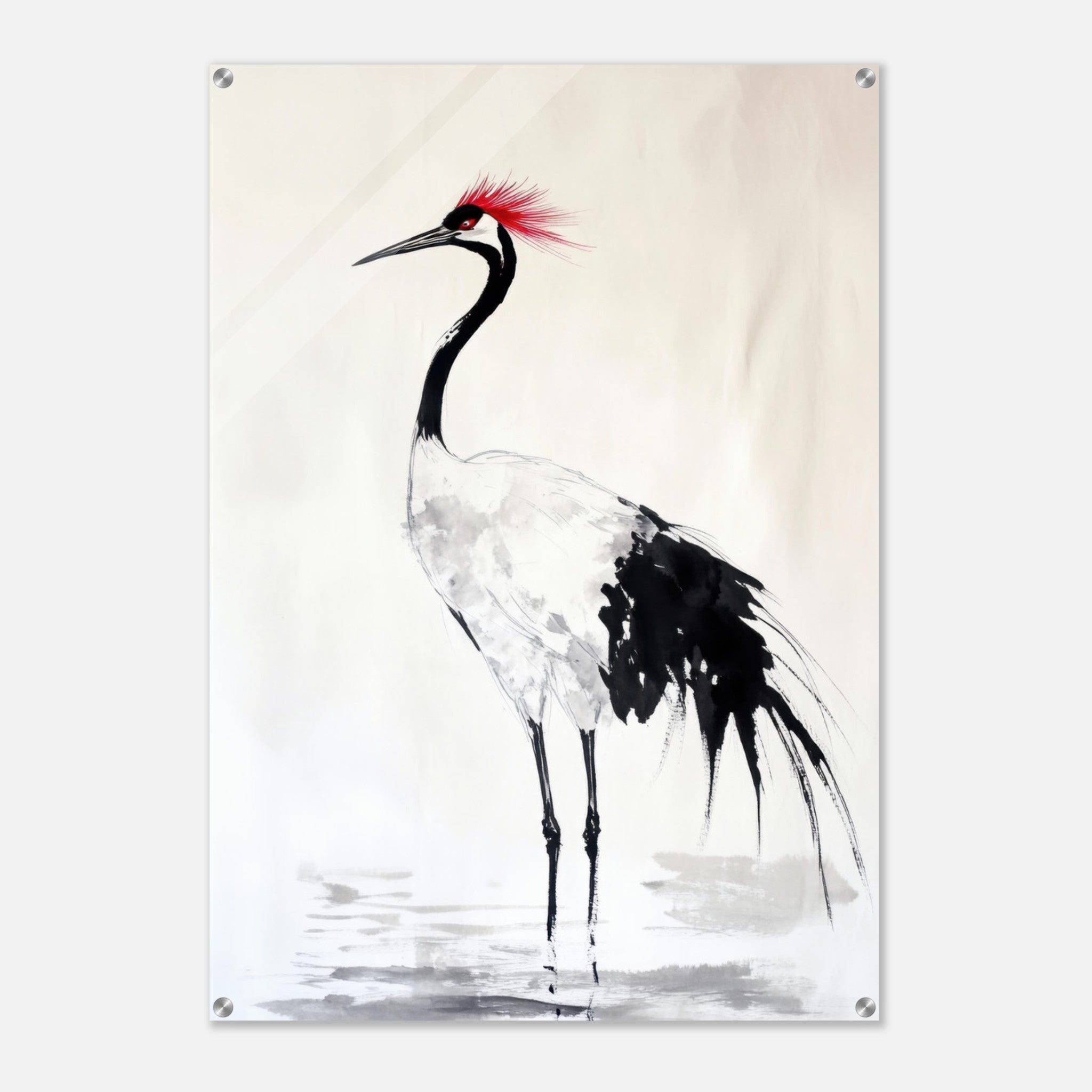 Acrylic Print Portrait - Japanese Ink Wash Painting of a Crane A graceful - Shop Ai Art WebShop - Digital Art online Store
