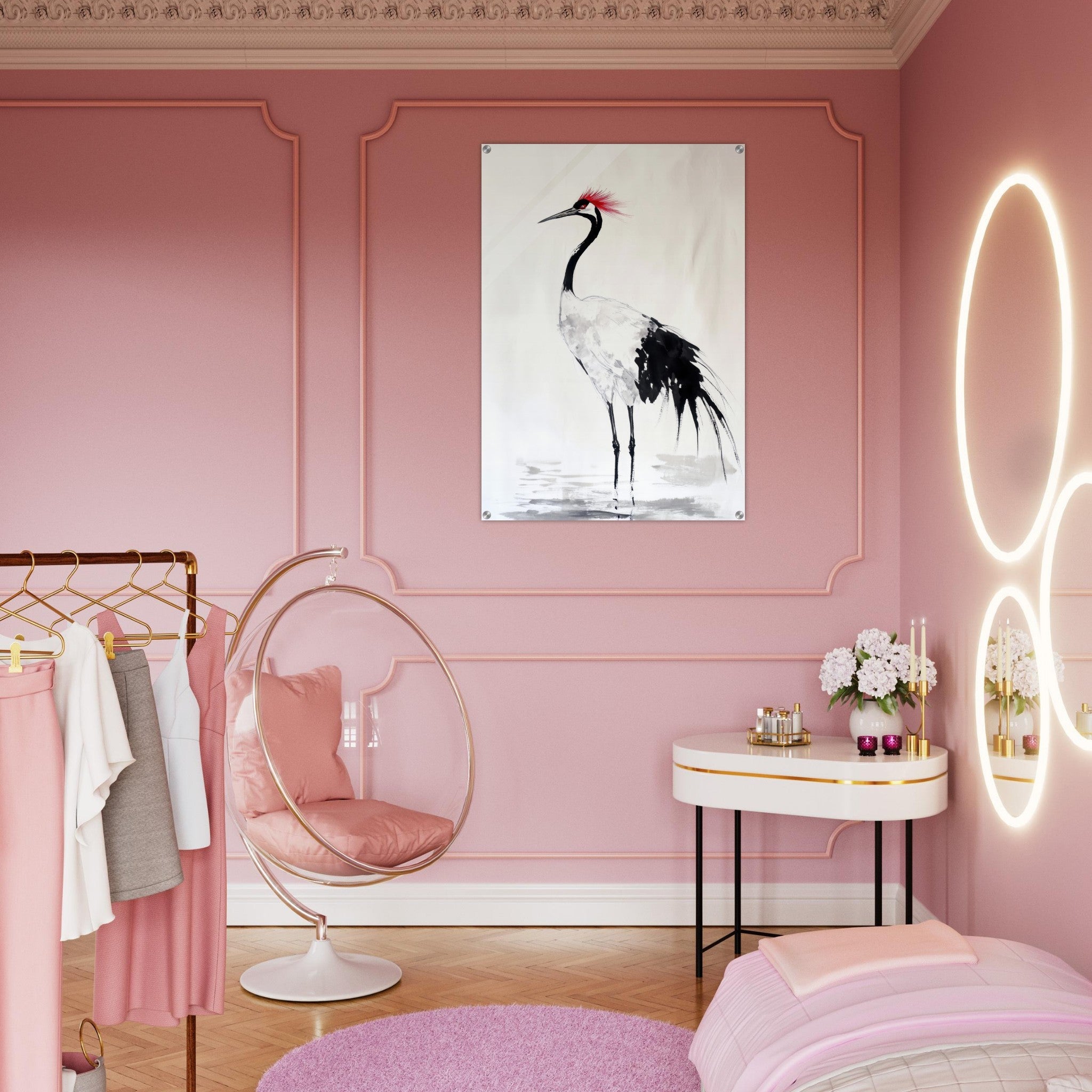 Acrylic Print Portrait - Japanese Ink Wash Painting of a Crane A graceful - Shop Ai Art WebShop - Digital Art online Store