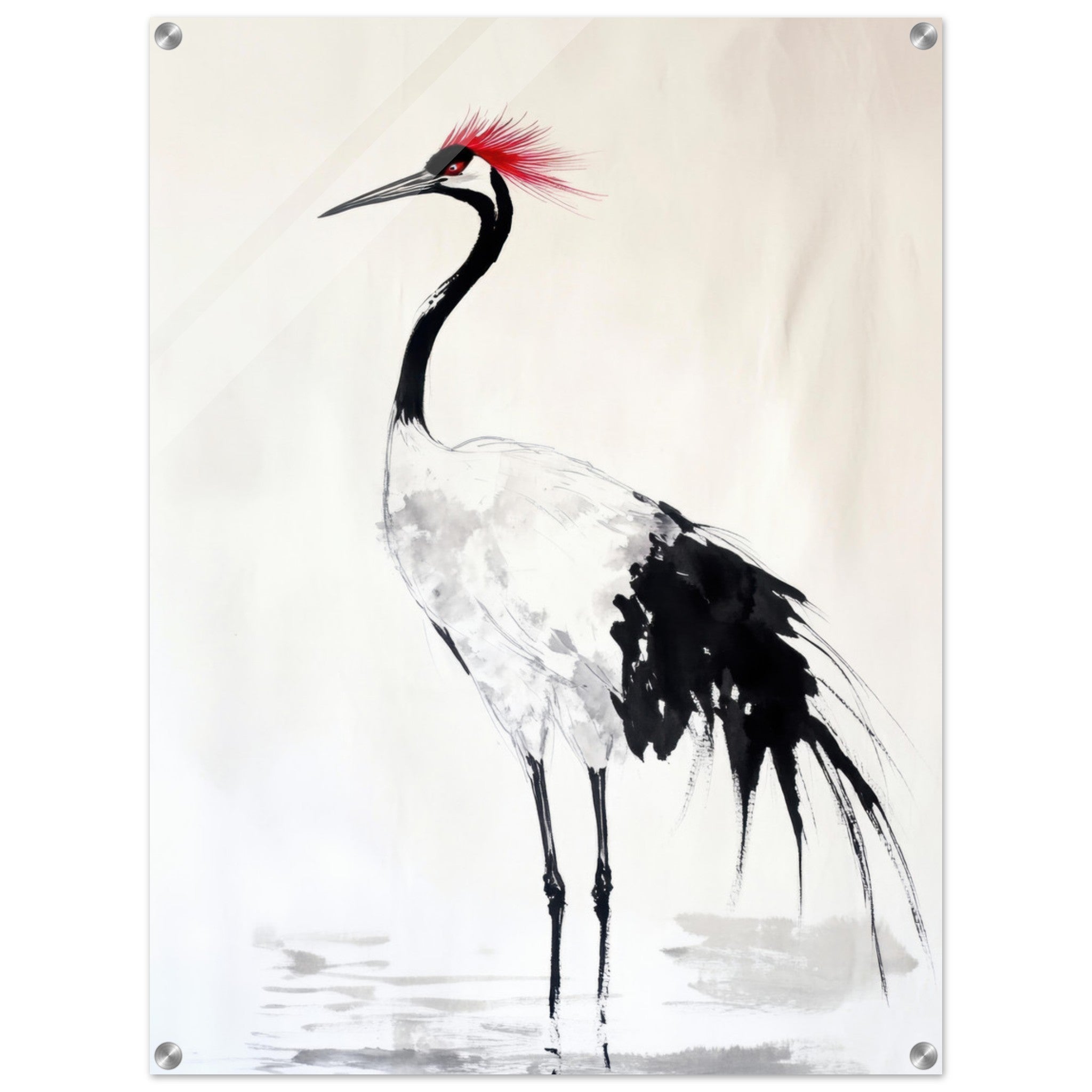 Acrylic Print Portrait - Japanese Ink Wash Painting of a Crane A graceful - Shop Ai Art WebShop - Digital Art online Store