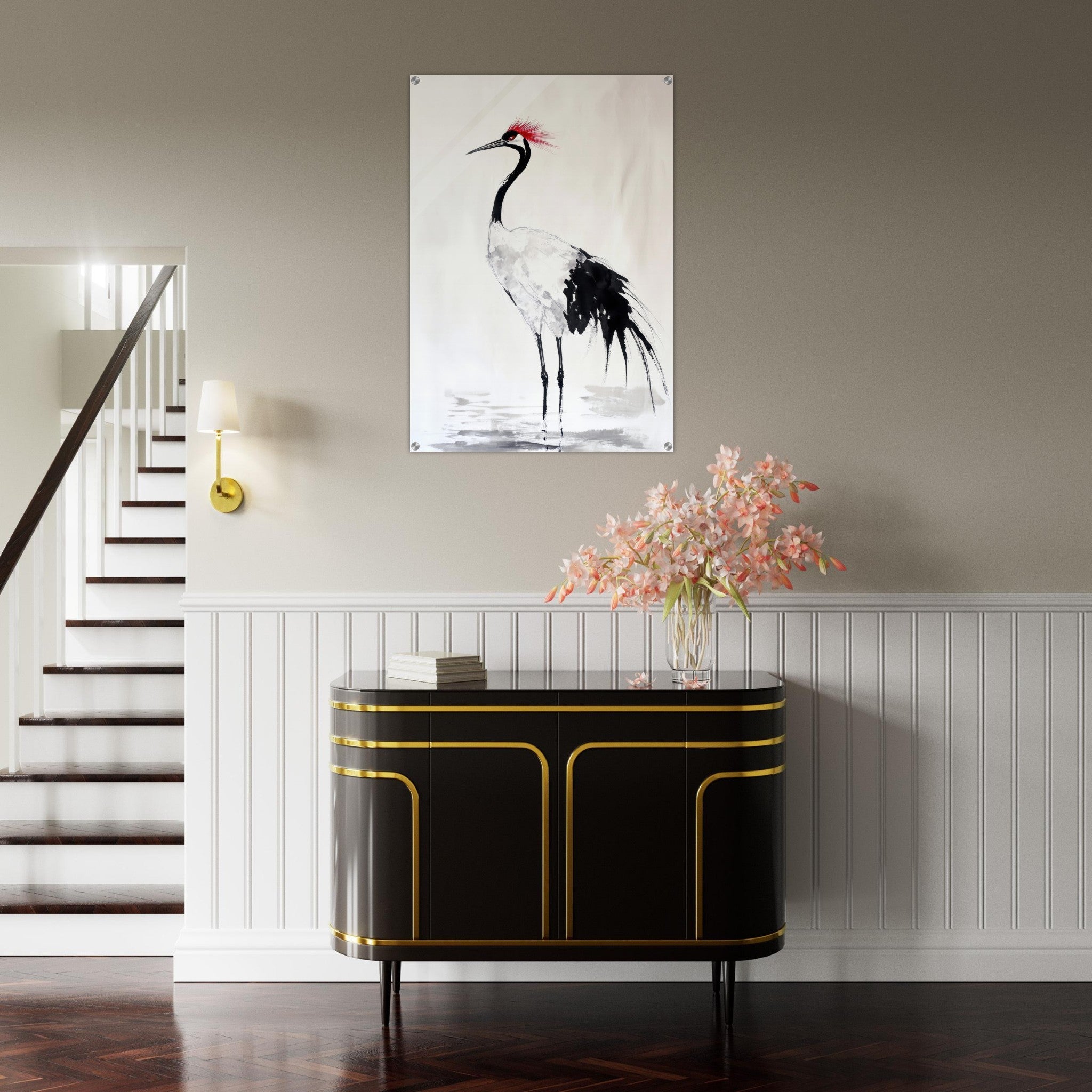 Acrylic Print Portrait - Japanese Ink Wash Painting of a Crane A graceful - Shop Ai Art WebShop - Digital Art online Store