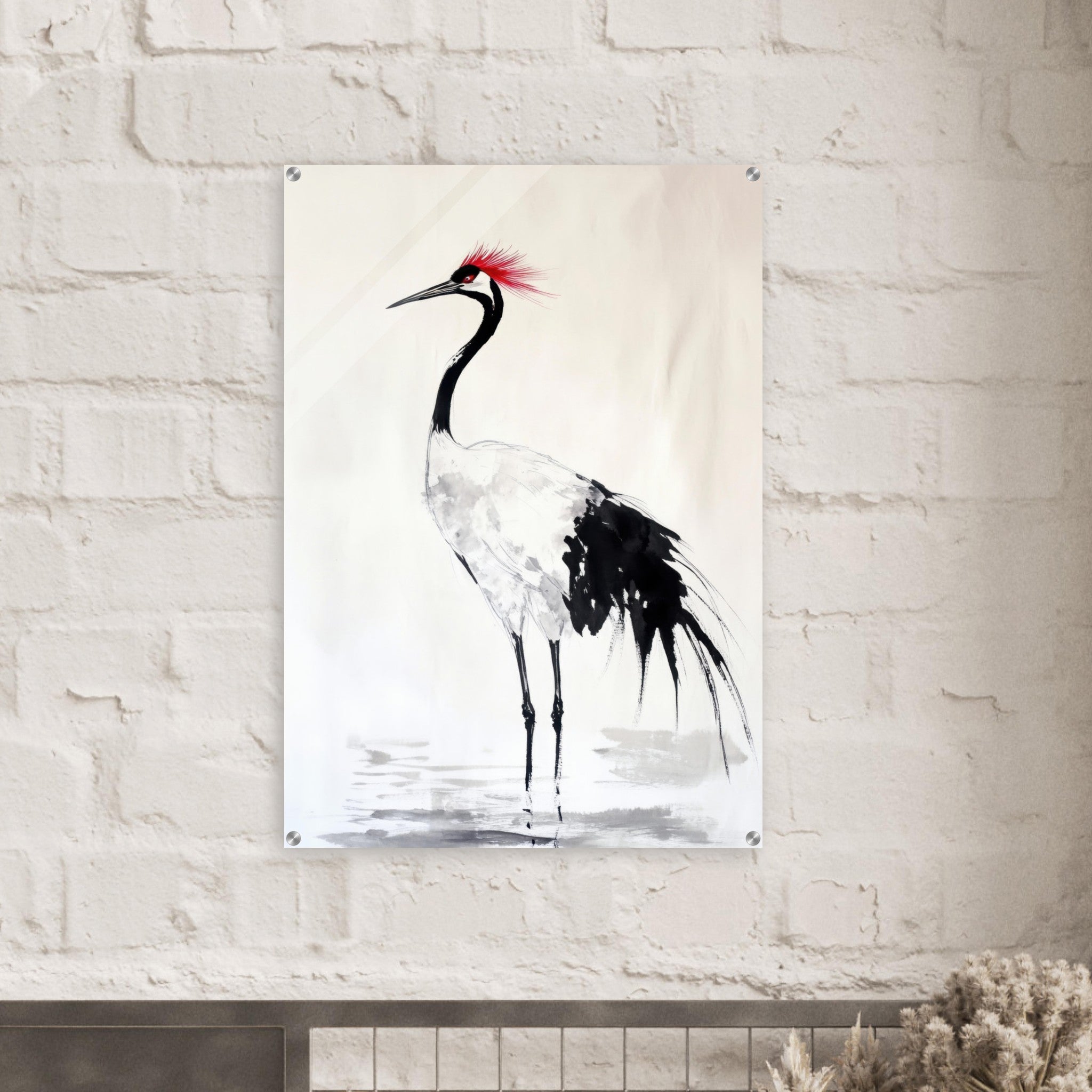 Acrylic Print Portrait - Japanese Ink Wash Painting of a Crane A graceful - Shop Ai Art WebShop - Digital Art online Store