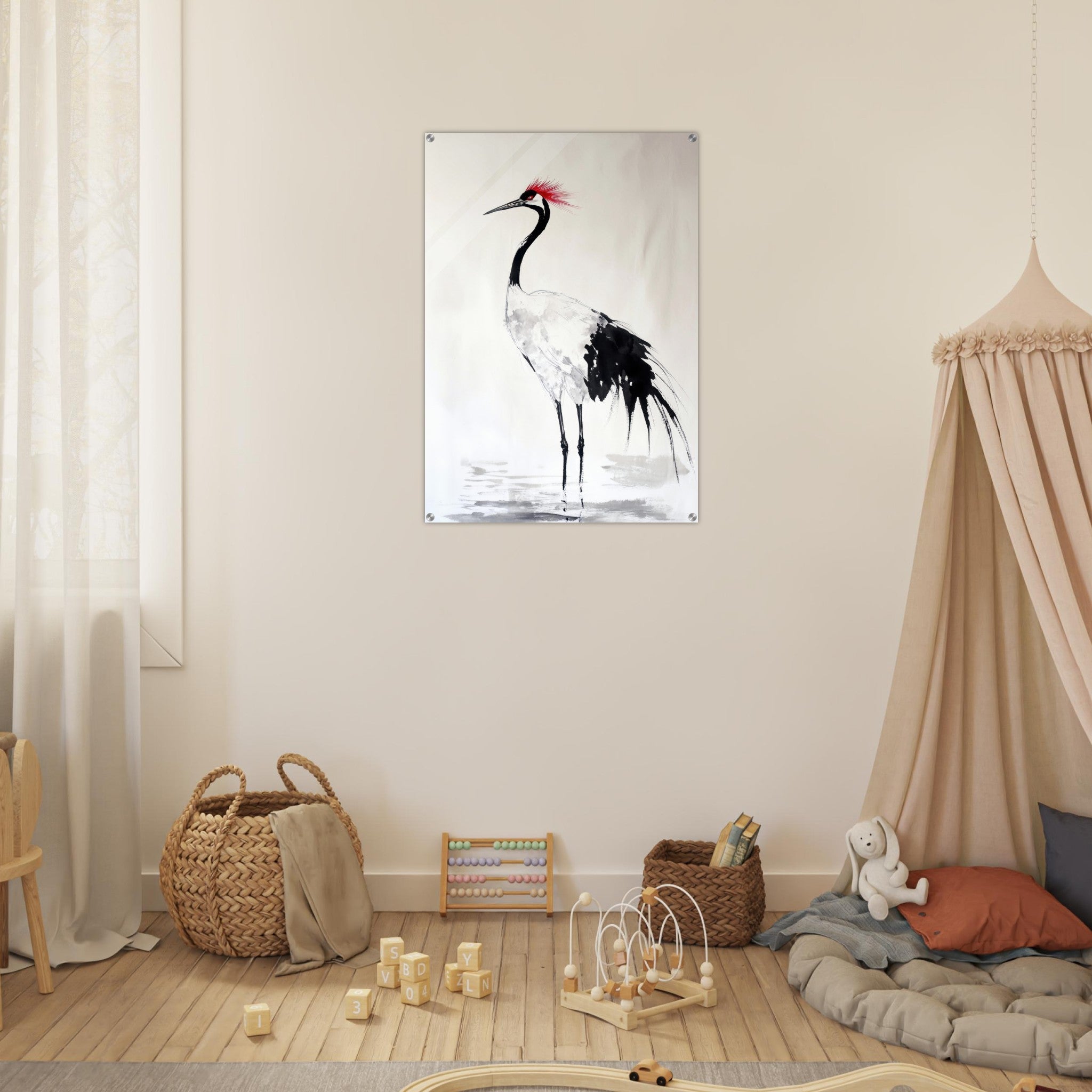 Acrylic Print Portrait - Japanese Ink Wash Painting of a Crane A graceful - Shop Ai Art WebShop - Digital Art online Store
