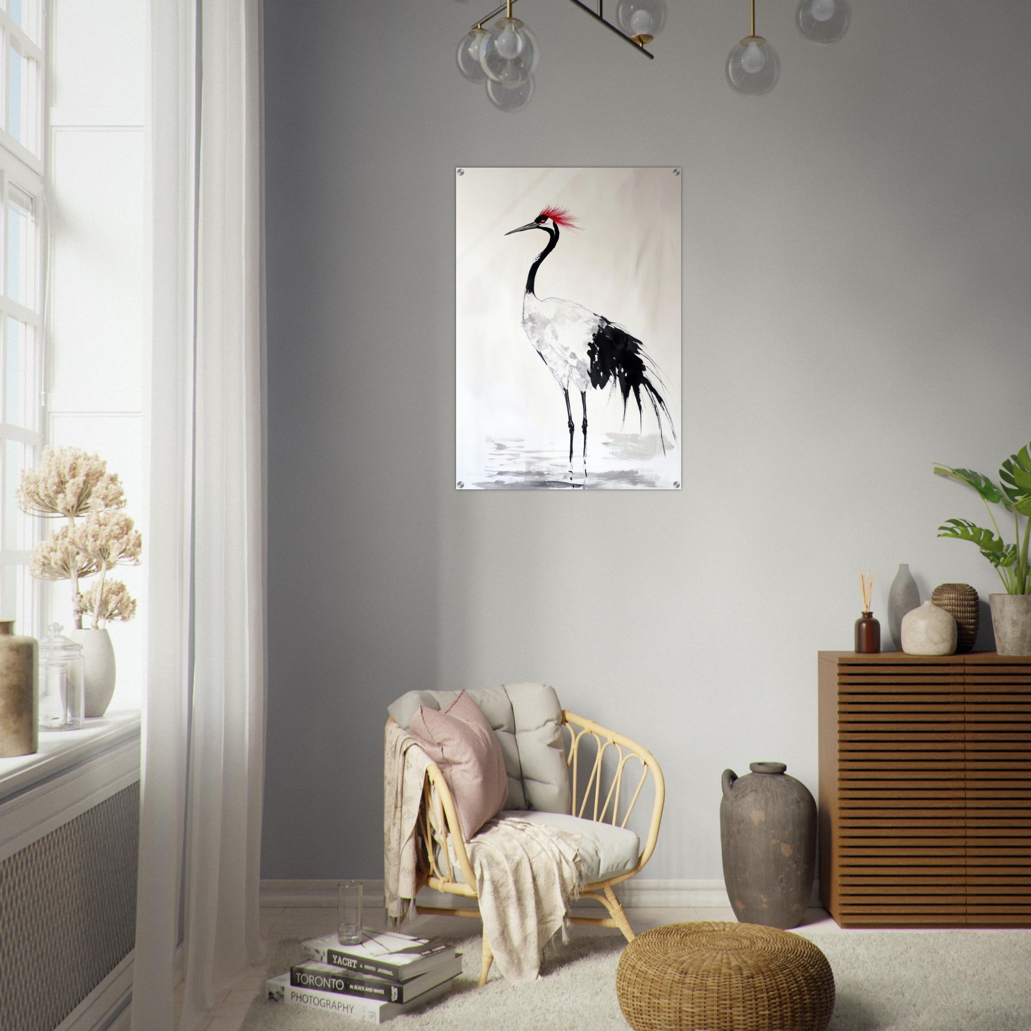 Acrylic Print Portrait - Japanese Ink Wash Painting of a Crane A graceful - Shop Ai Art WebShop - Digital Art online Store