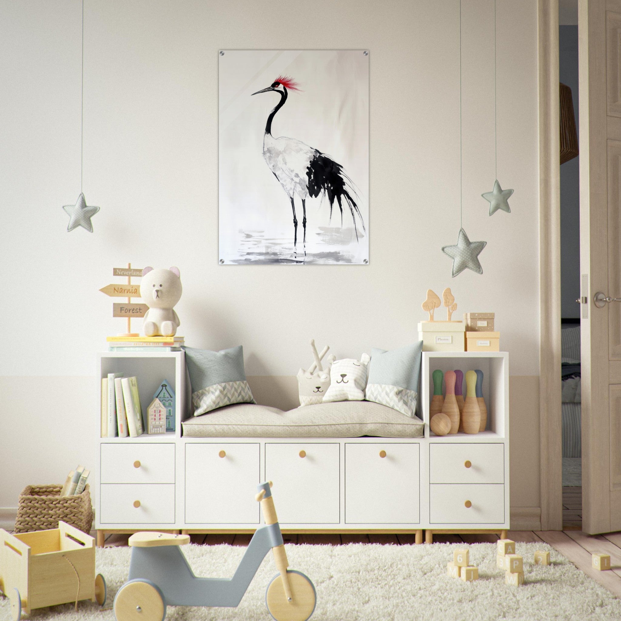 Acrylic Print Portrait - Japanese Ink Wash Painting of a Crane A graceful - Shop Ai Art WebShop - Digital Art online Store