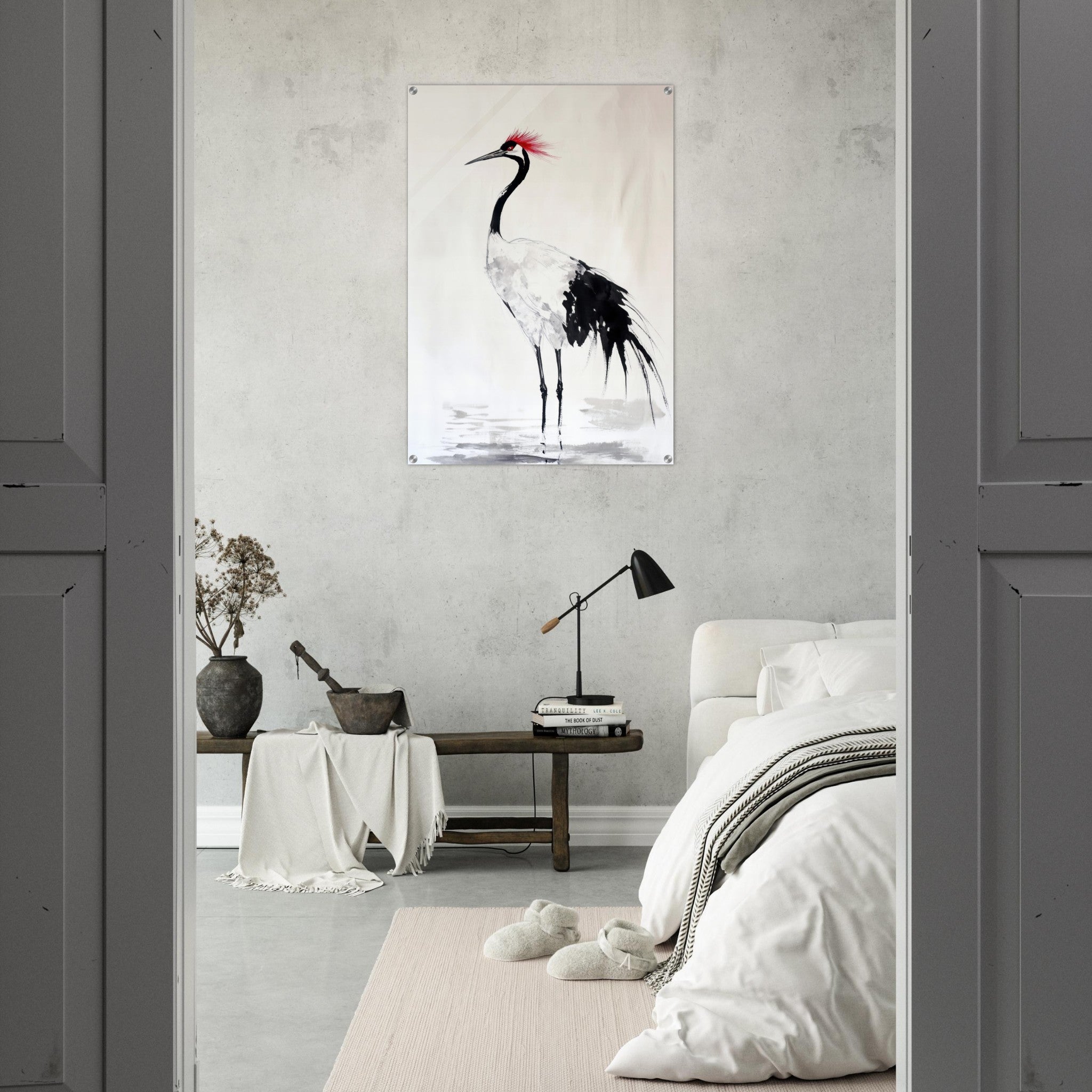 Acrylic Print Portrait - Japanese Ink Wash Painting of a Crane A graceful - Shop Ai Art WebShop - Digital Art online Store