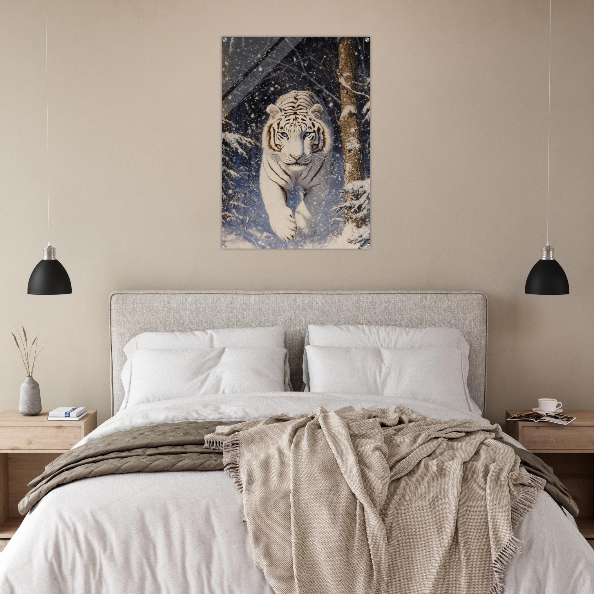 Acrylic Print Portrait - Majestic White Tiger in a Snowy Forest A powerful - Shop Ai Art WebShop - Digital Art online Store