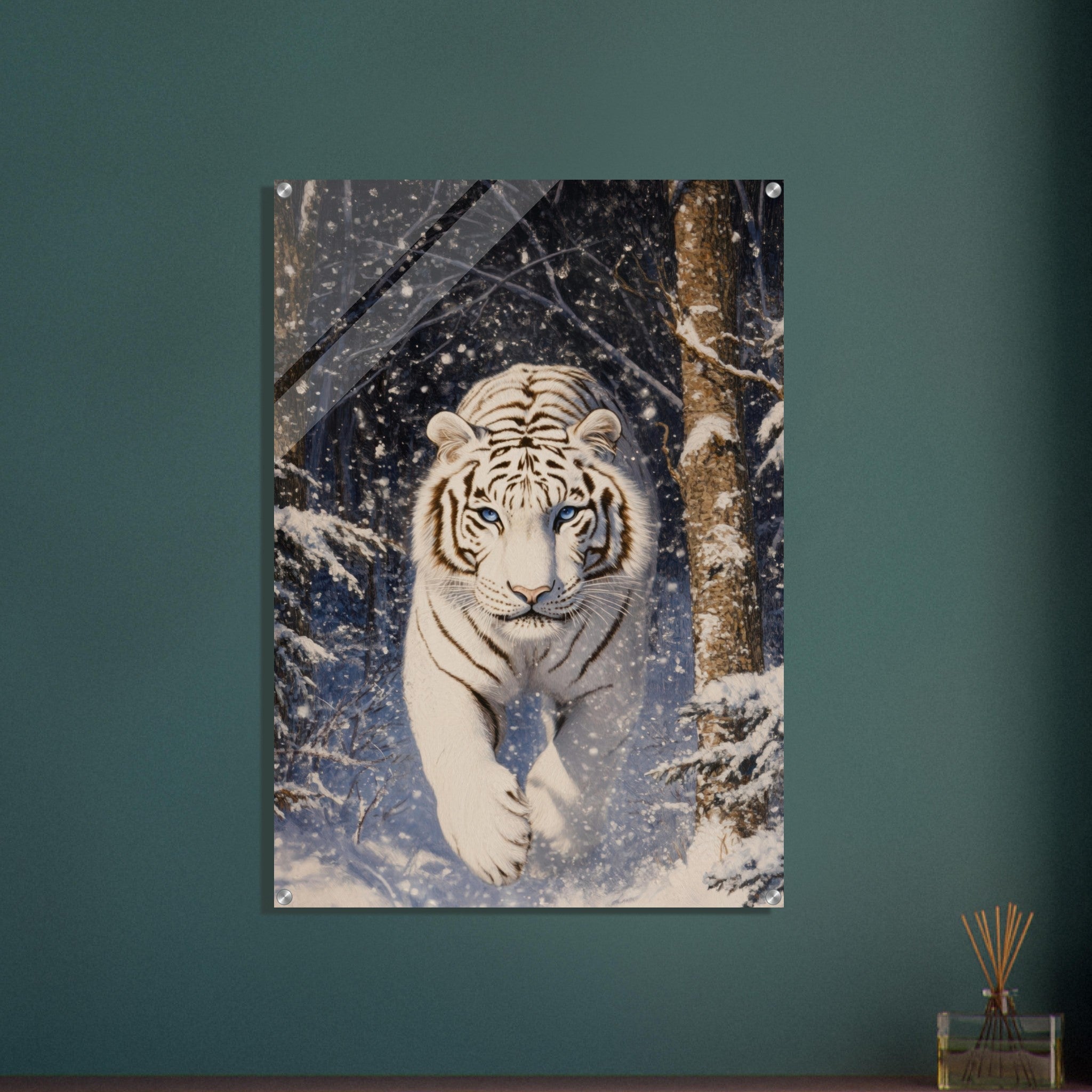 Acrylic Print Portrait - Majestic White Tiger in a Snowy Forest A powerful - Shop Ai Art WebShop - Digital Art online Store
