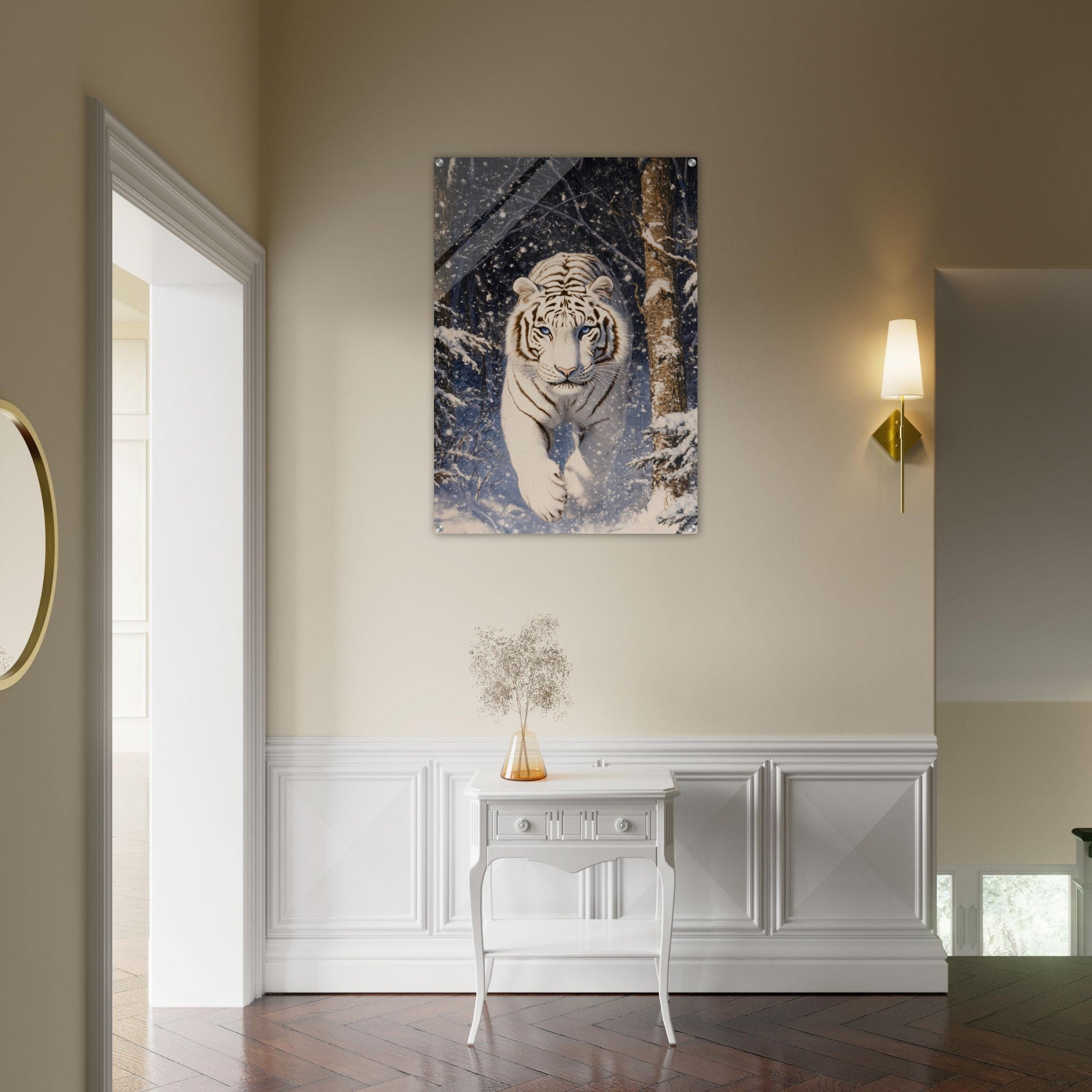 Acrylic Print Portrait - Majestic White Tiger in a Snowy Forest A powerful - Shop Ai Art WebShop - Digital Art online Store