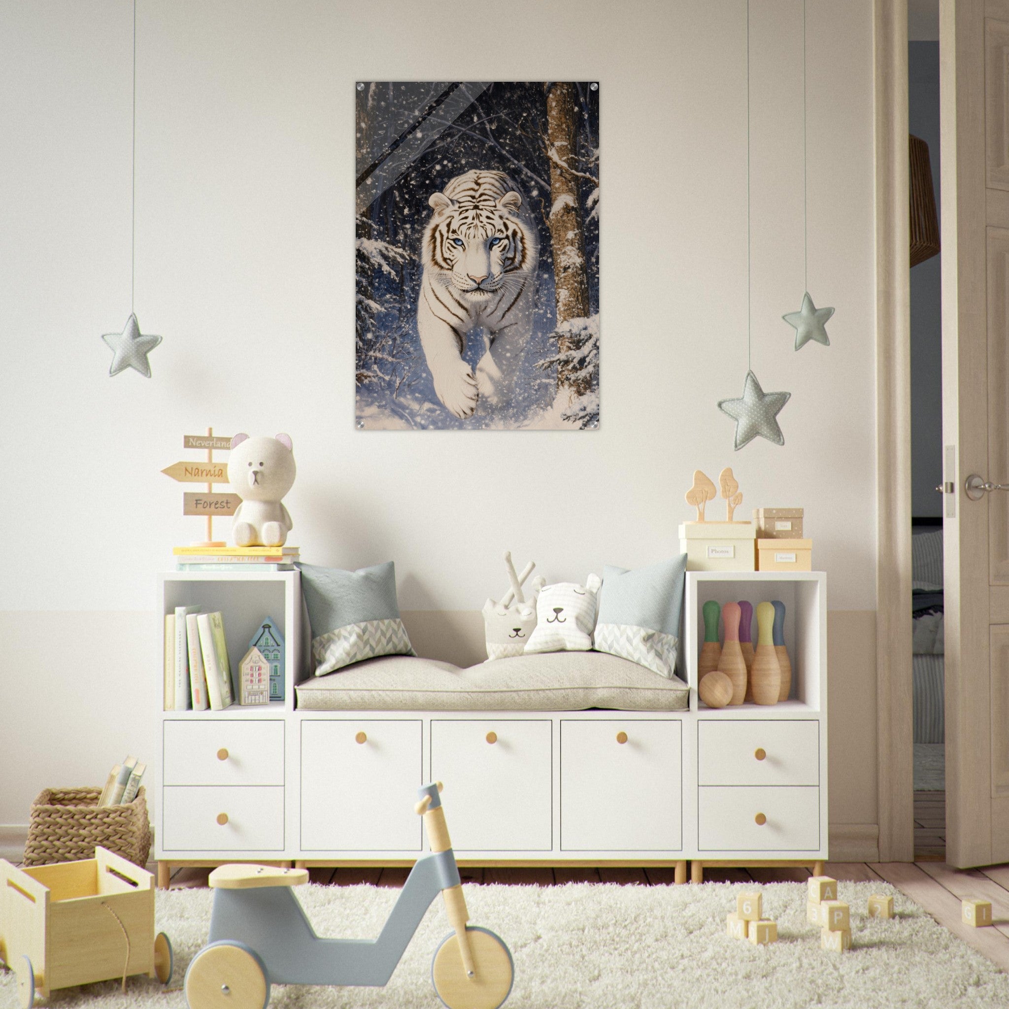 Acrylic Print Portrait - Majestic White Tiger in a Snowy Forest A powerful - Shop Ai Art WebShop - Digital Art online Store