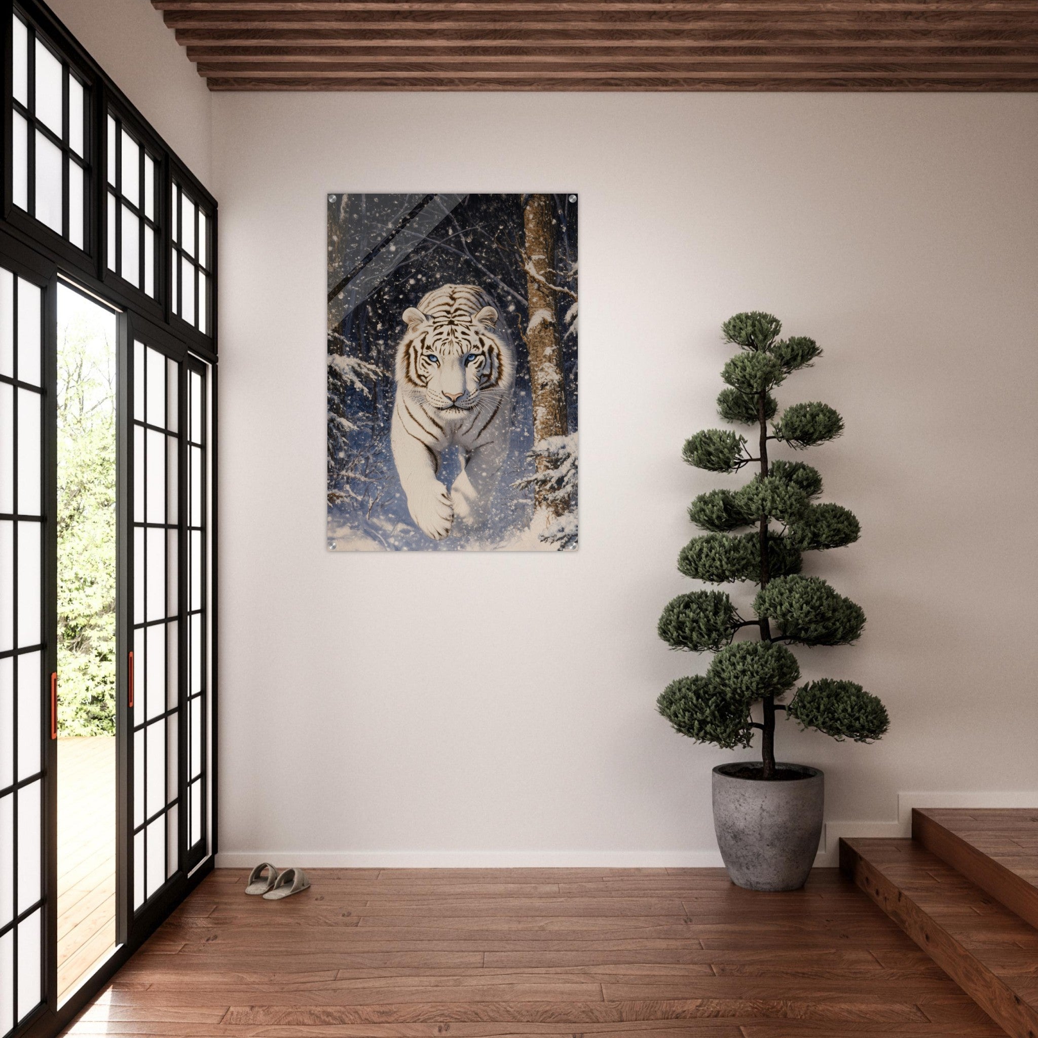 Acrylic Print Portrait - Majestic White Tiger in a Snowy Forest A powerful - Shop Ai Art WebShop - Digital Art online Store