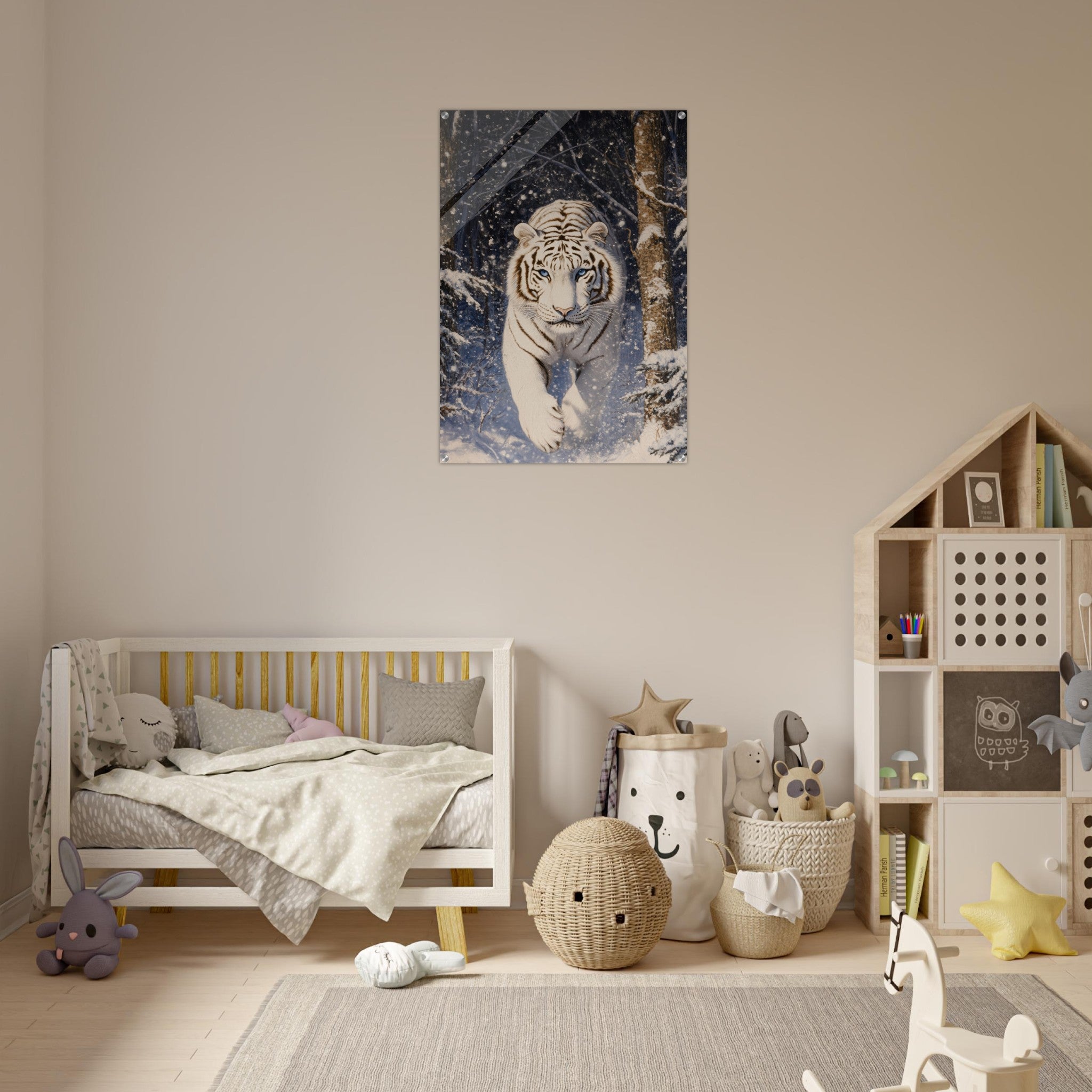 Acrylic Print Portrait - Majestic White Tiger in a Snowy Forest A powerful - Shop Ai Art WebShop - Digital Art online Store