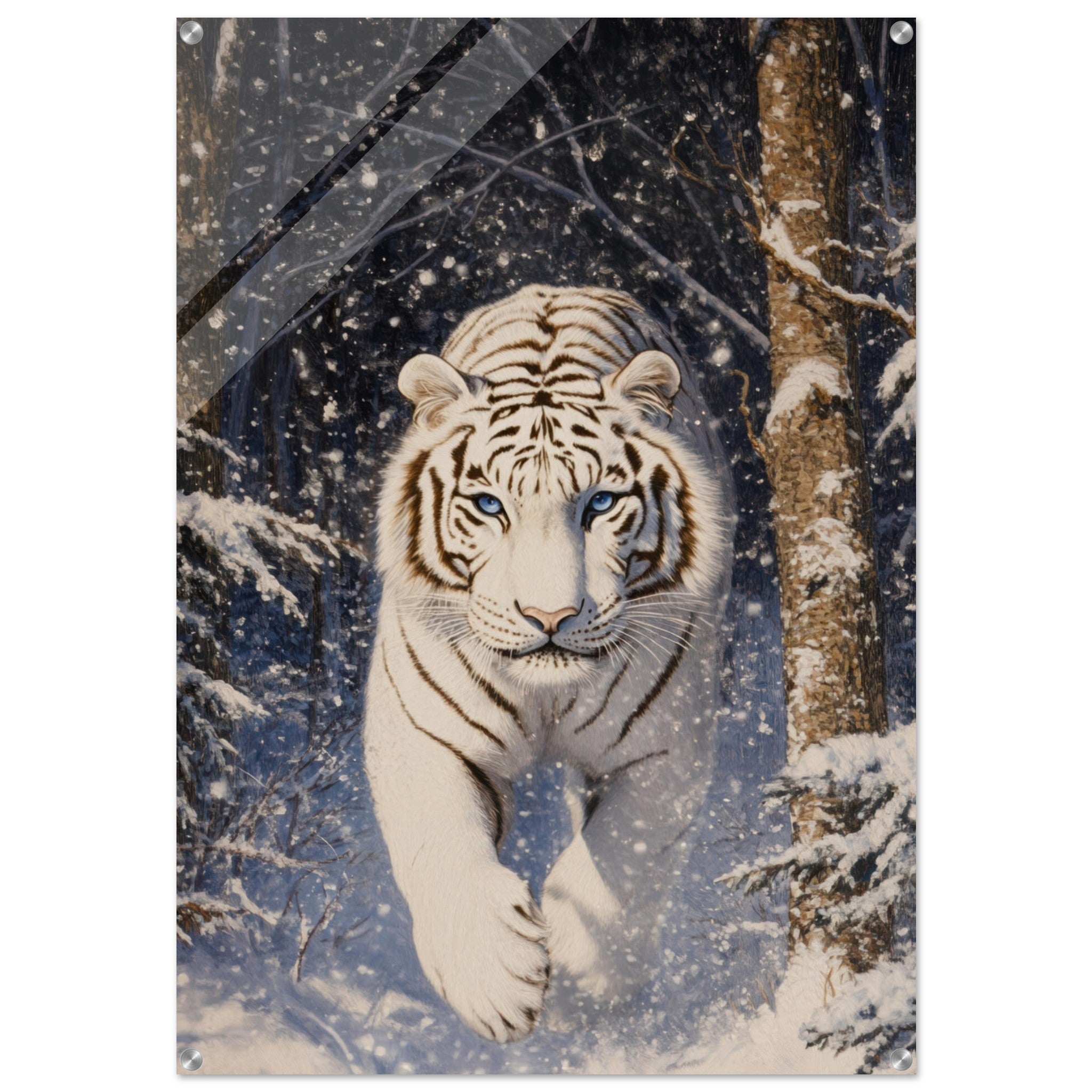 Acrylic Print Portrait - Majestic White Tiger in a Snowy Forest A powerful - Shop Ai Art WebShop - Digital Art online Store