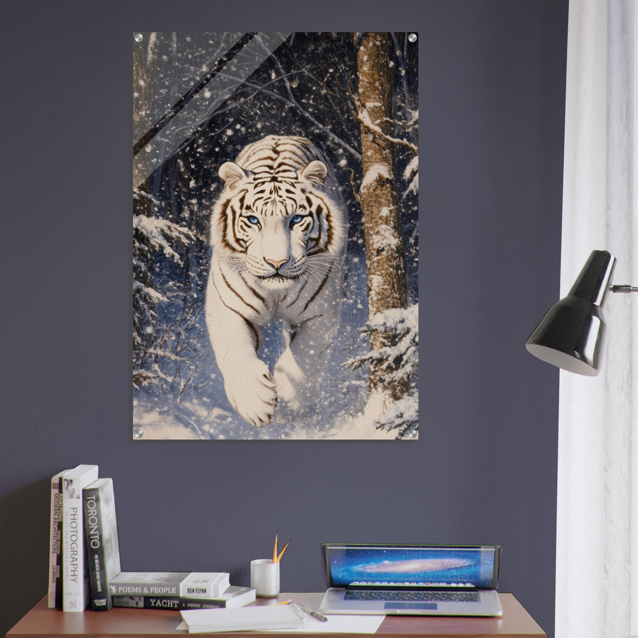 Acrylic Print Portrait - Majestic White Tiger in a Snowy Forest A powerful - Shop Ai Art WebShop - Digital Art online Store