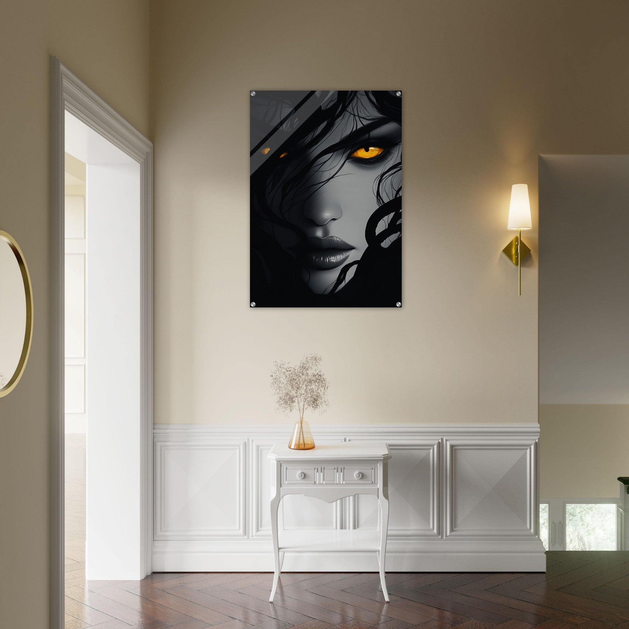 Acrylic Print Portrait - Minimalist Medusas Gaze Minimalism Tight - Focus 2 - Shop Ai Art WebShop - Digital Art online Store