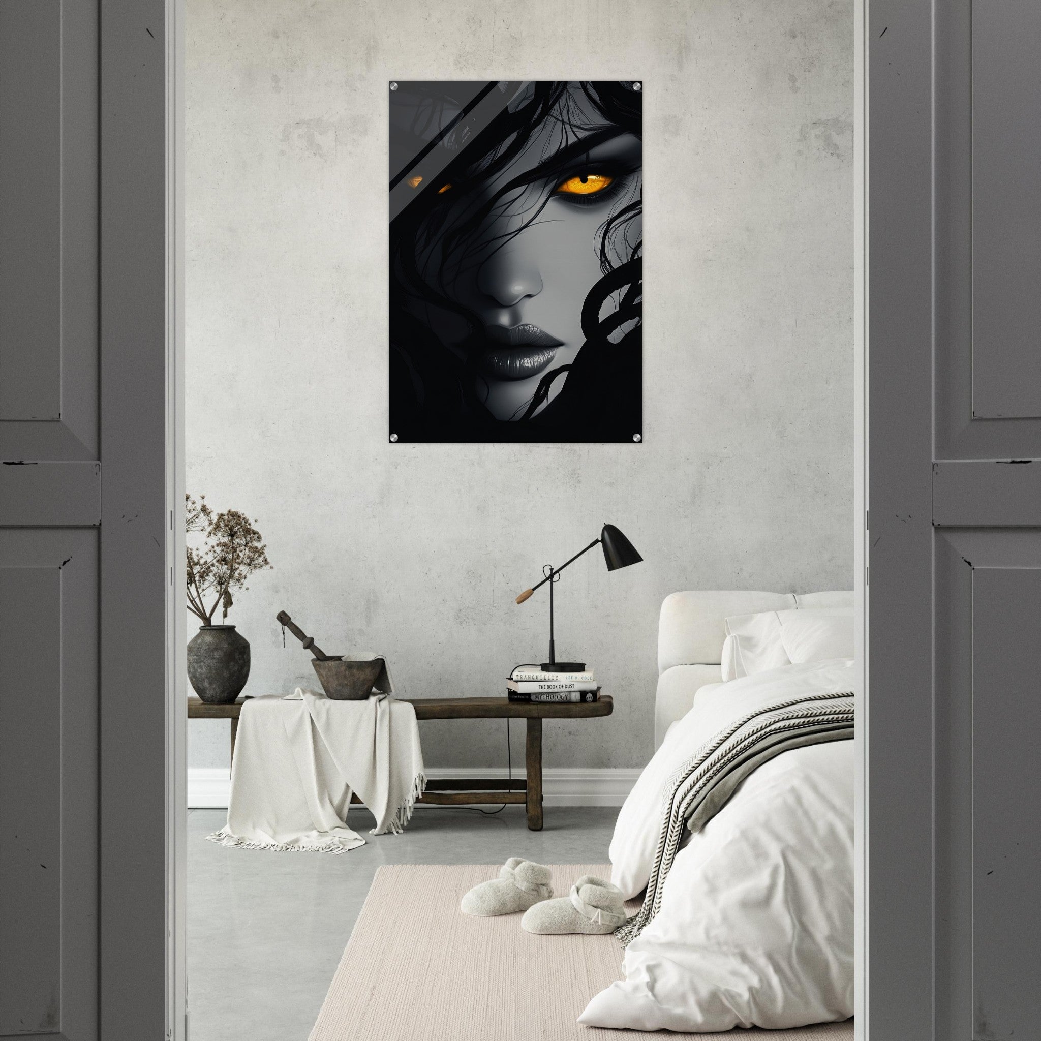 Acrylic Print Portrait - Minimalist Medusas Gaze Minimalism Tight - Focus 2 - Shop Ai Art WebShop - Digital Art online Store