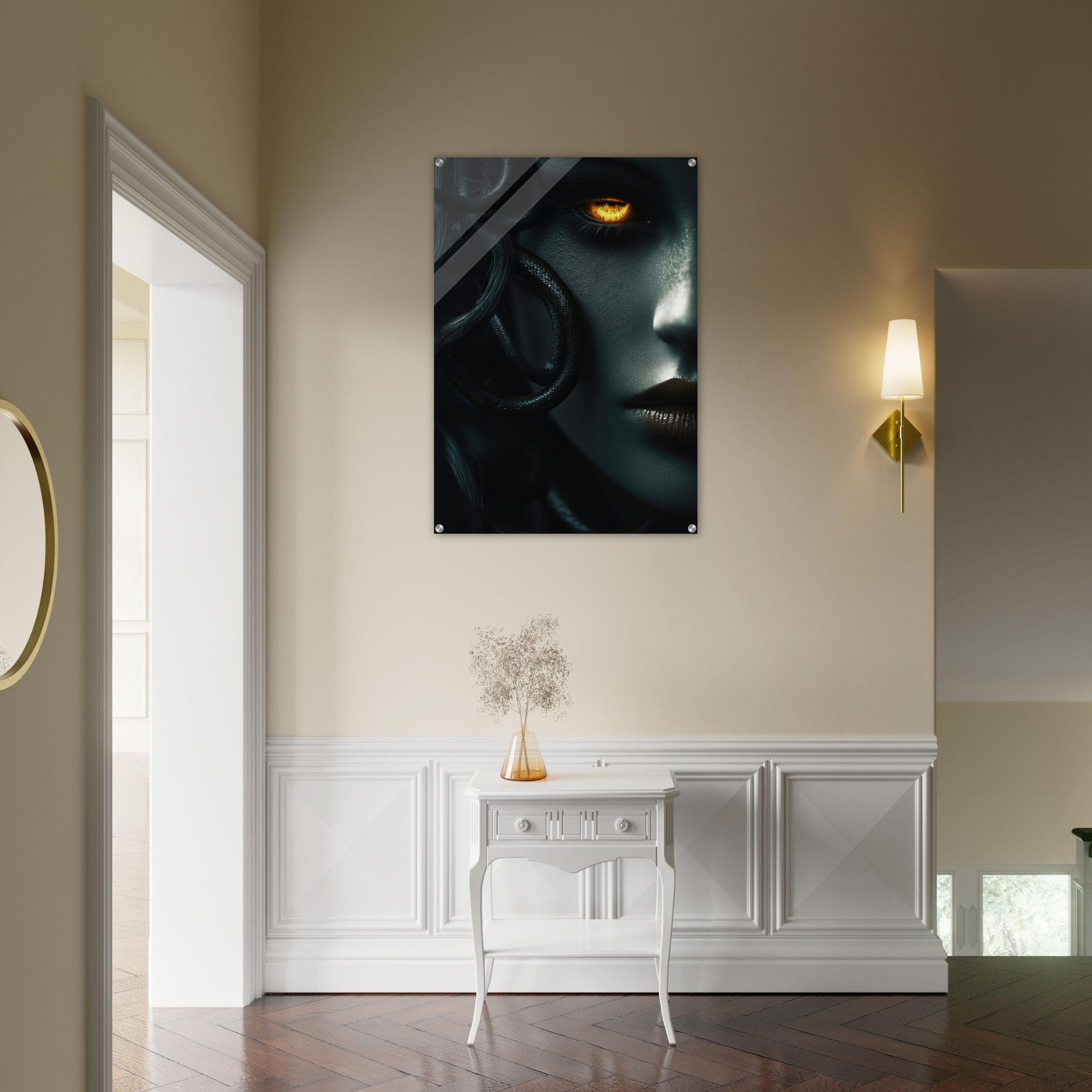 Acrylic Print Portrait - Minimalist Medusas Gaze Minimalism Tight - Focus - Shop Ai Art WebShop - Digital Art online Store