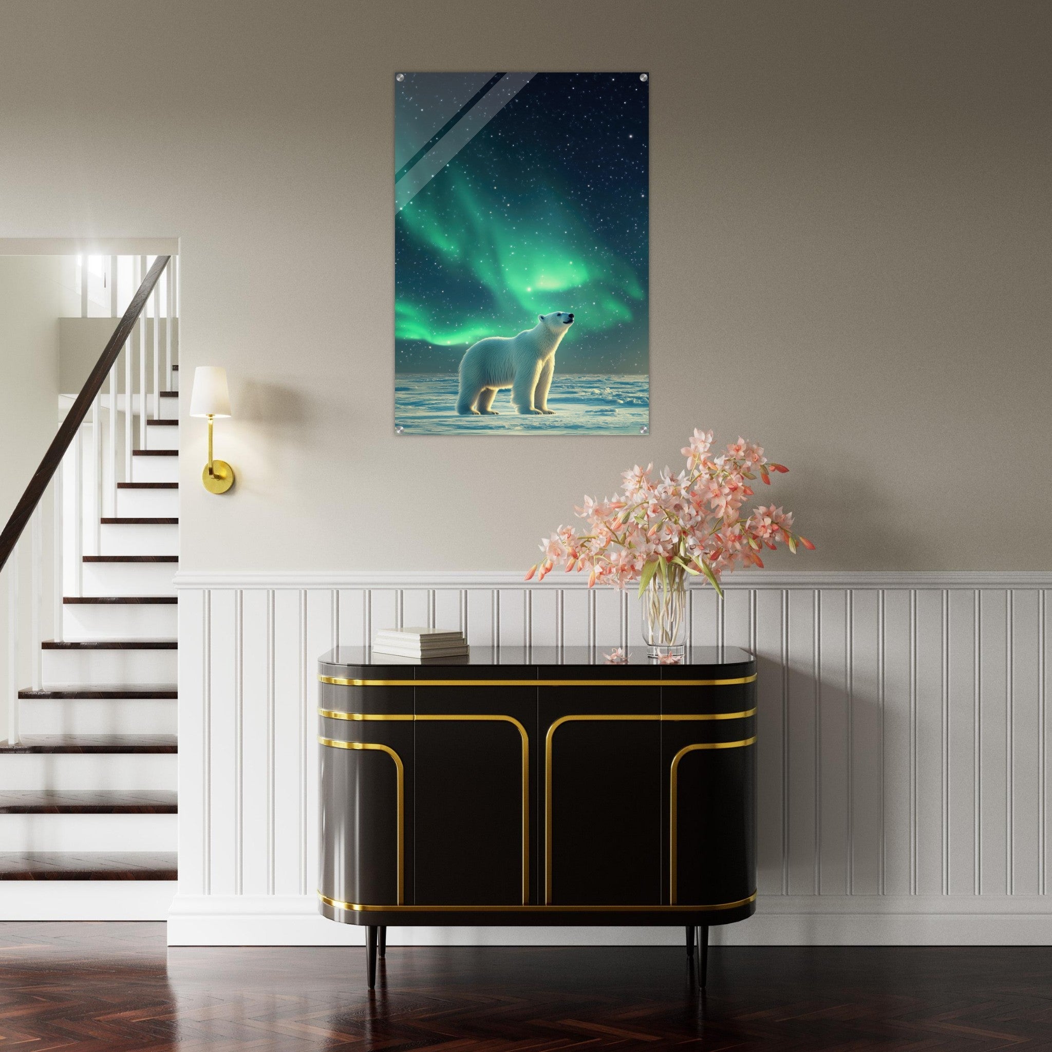 Acrylic Print Portrait - Polar Bear Under the Aurora Borealis A solitary 3 - Shop Ai Art WebShop - Digital Art online Store