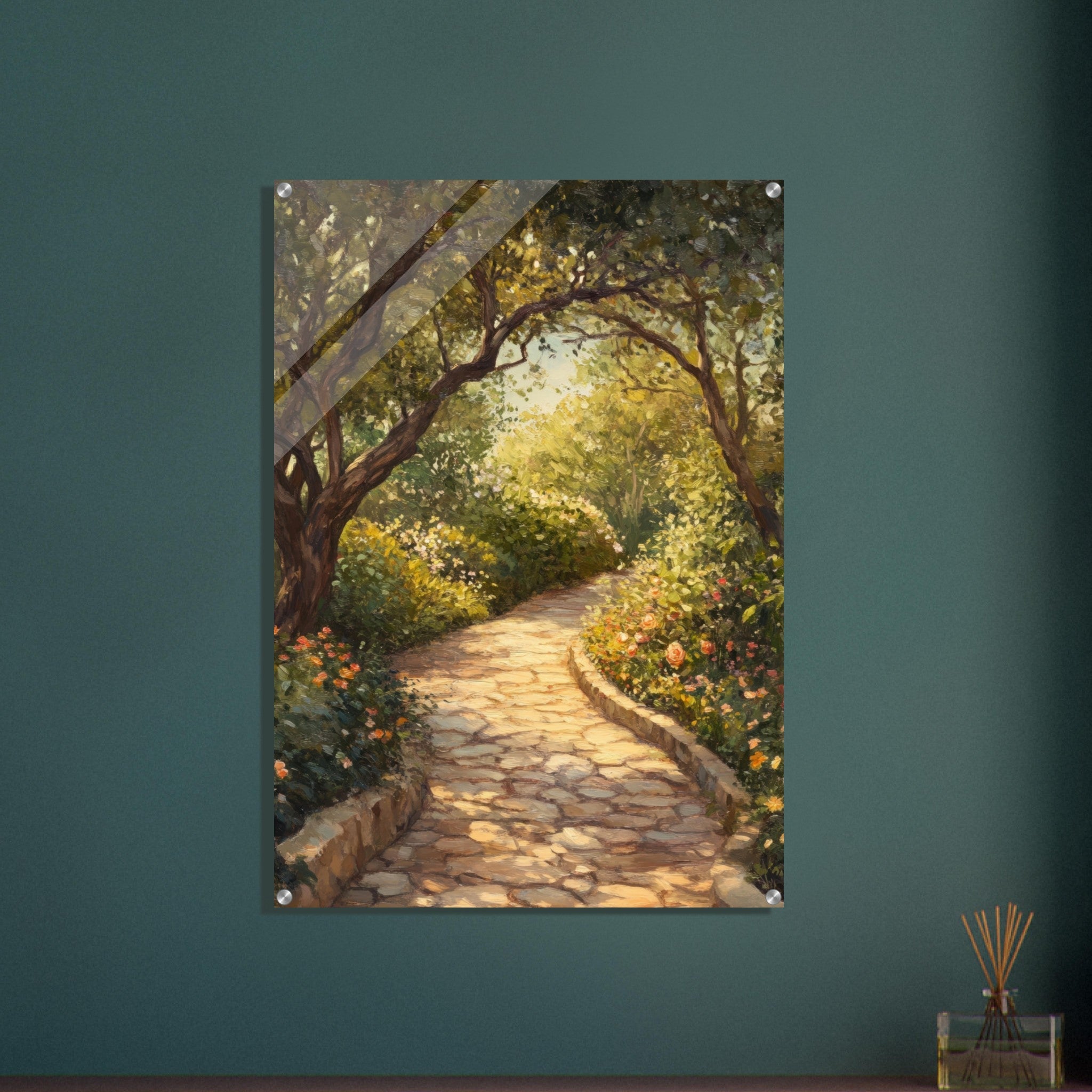 Acrylic Print Portrait - Sunlit Garden Path A meandering pathway through - Shop Ai Art WebShop - Digital Art online Store