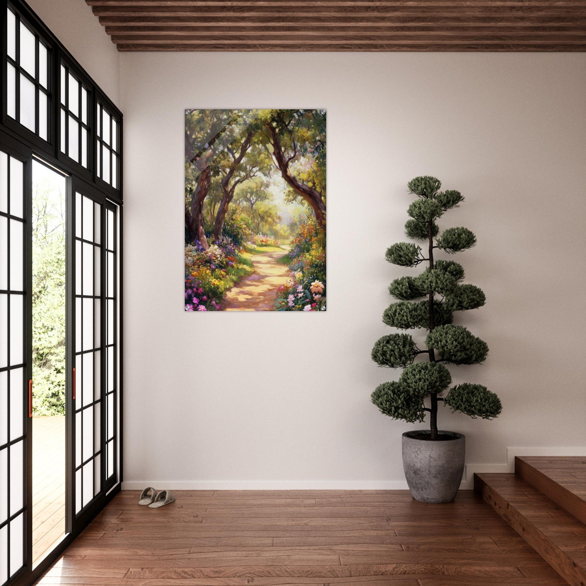 Acrylic Print Portrait - Sunlit Garden Path A meandering pathway through 2 - Shop Ai Art WebShop - Digital Art online Store