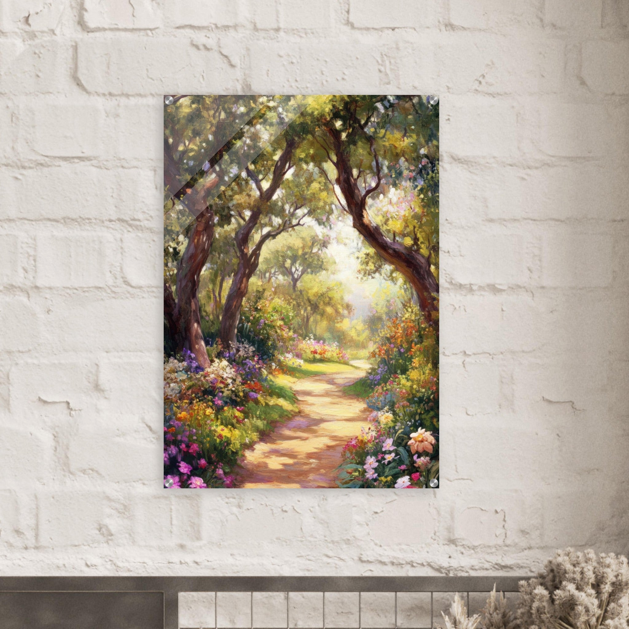 Acrylic Print Portrait - Sunlit Garden Path A meandering pathway through 2 - Shop Ai Art WebShop - Digital Art online Store